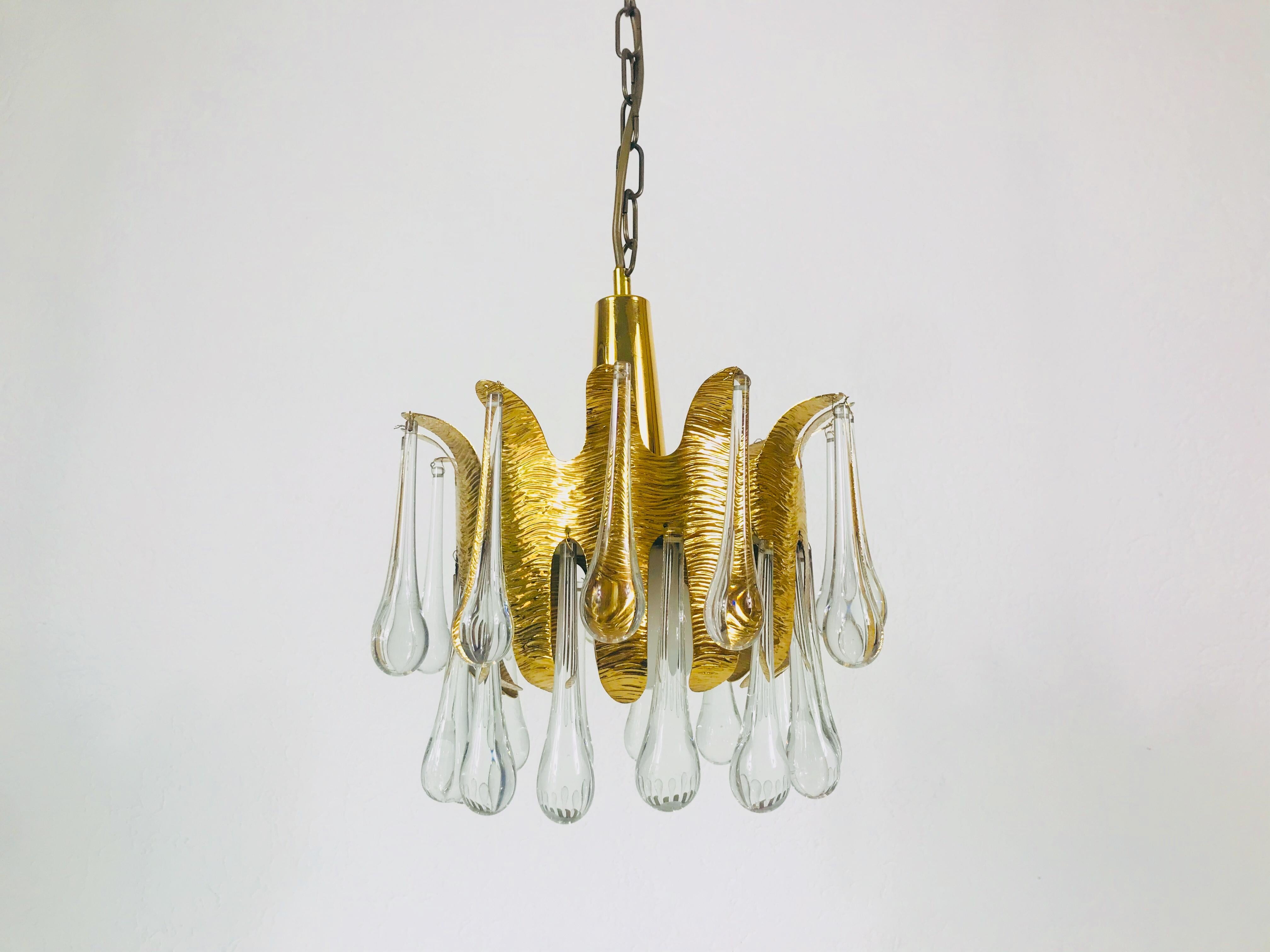 Gilt Golden Gilded Brass and Crystal Glass Chandelier by Ernst Palme for Palwa, 1960s