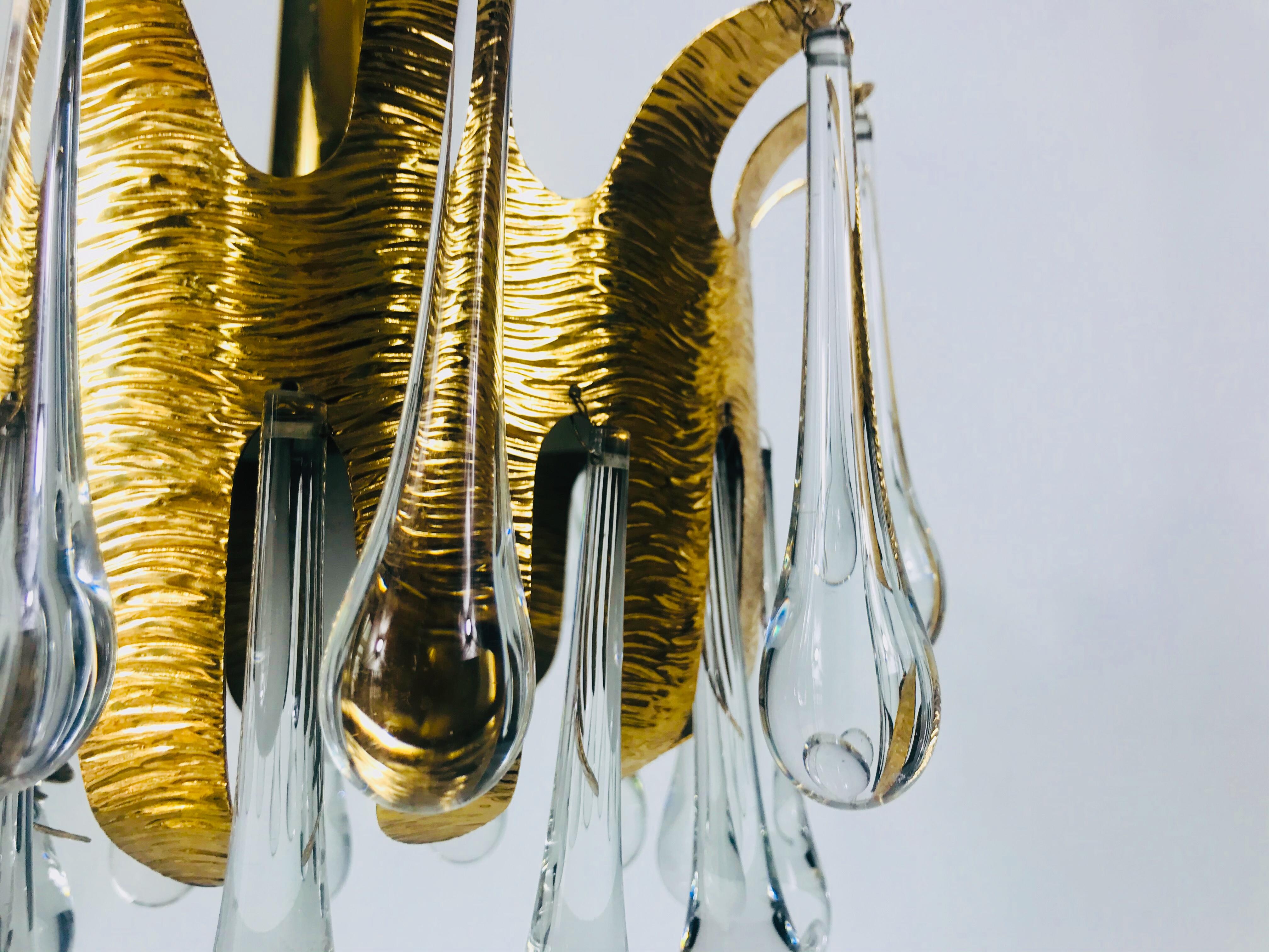 Mid-20th Century Golden Gilded Brass and Crystal Glass Chandelier by Ernst Palme for Palwa, 1960s
