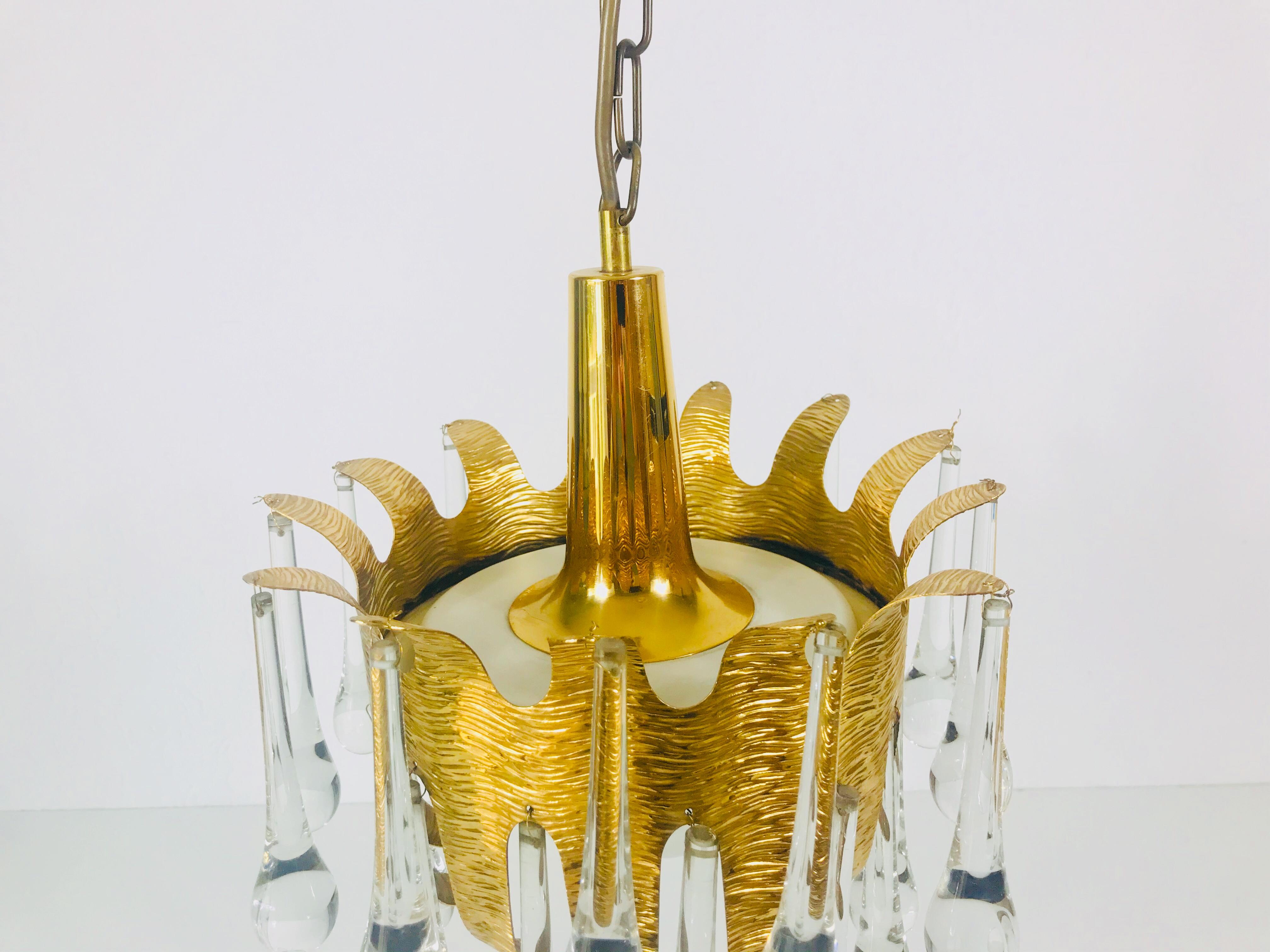 Golden Gilded Brass and Crystal Glass Chandelier by Ernst Palme for Palwa, 1960s 2