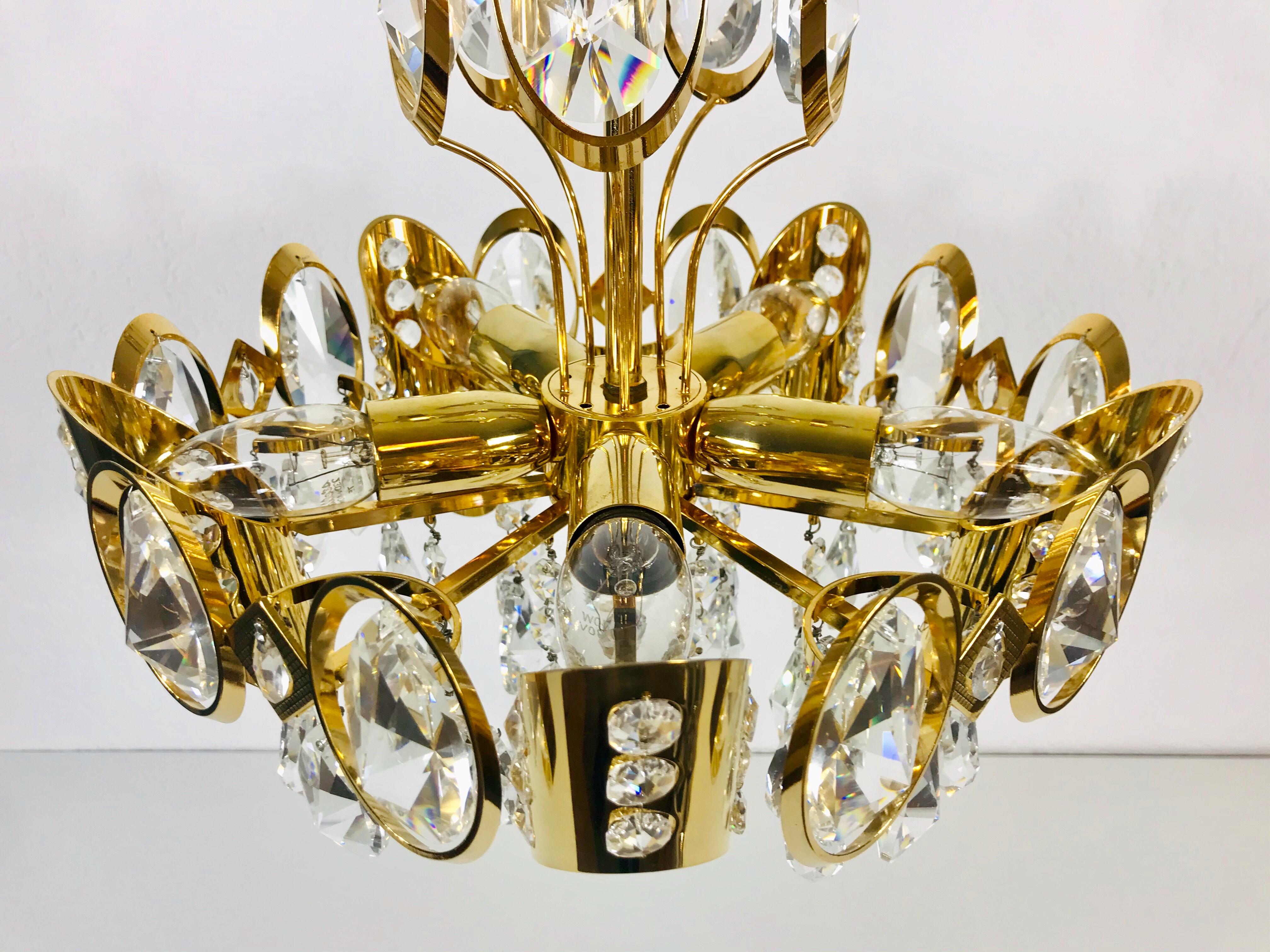 Golden Gilded Brass and Crystal Glass Chandelier by Palwa, Germany, 1960s For Sale 4