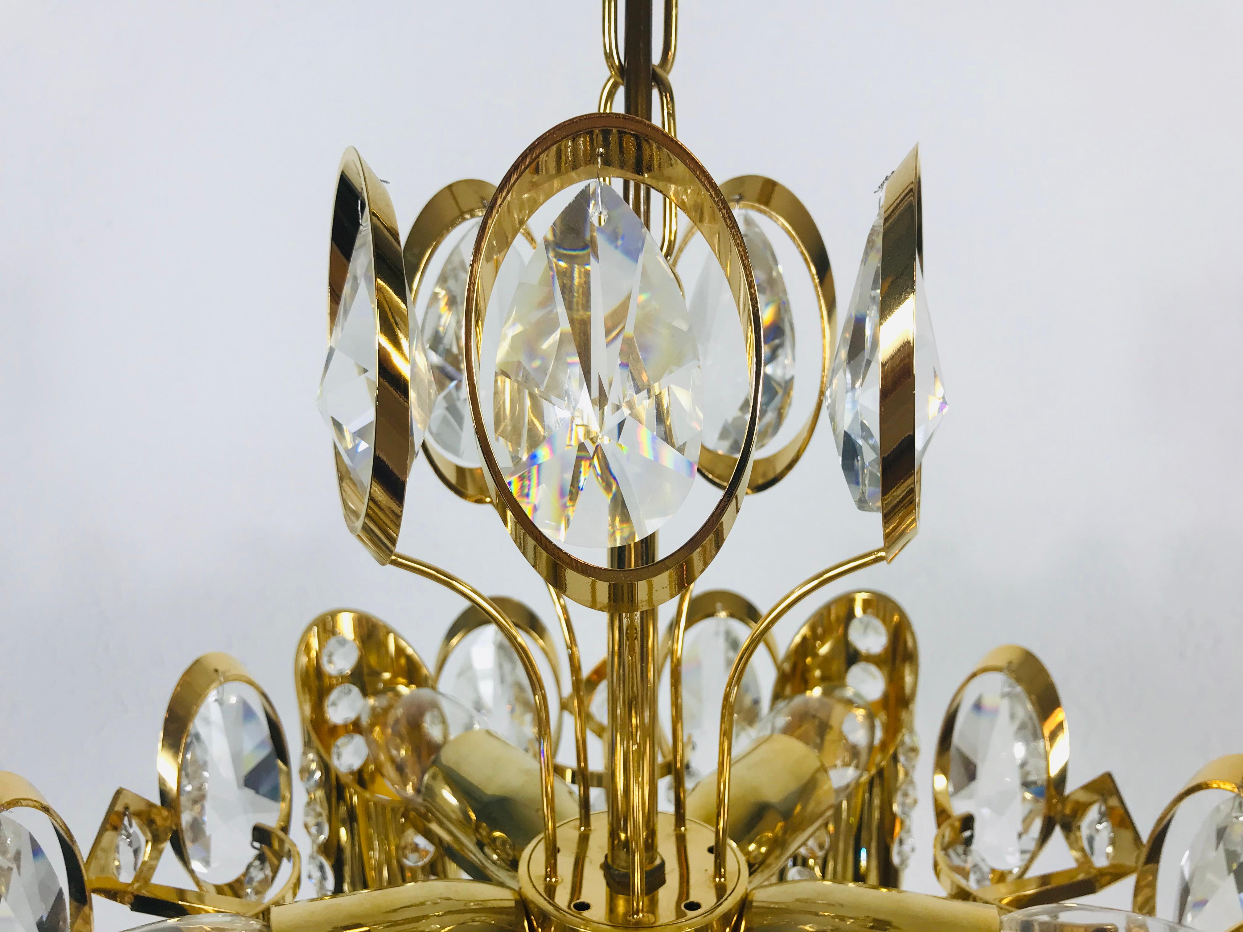 Golden Gilded Brass and Crystal Glass Chandelier by Palwa, Germany, 1960s For Sale 7