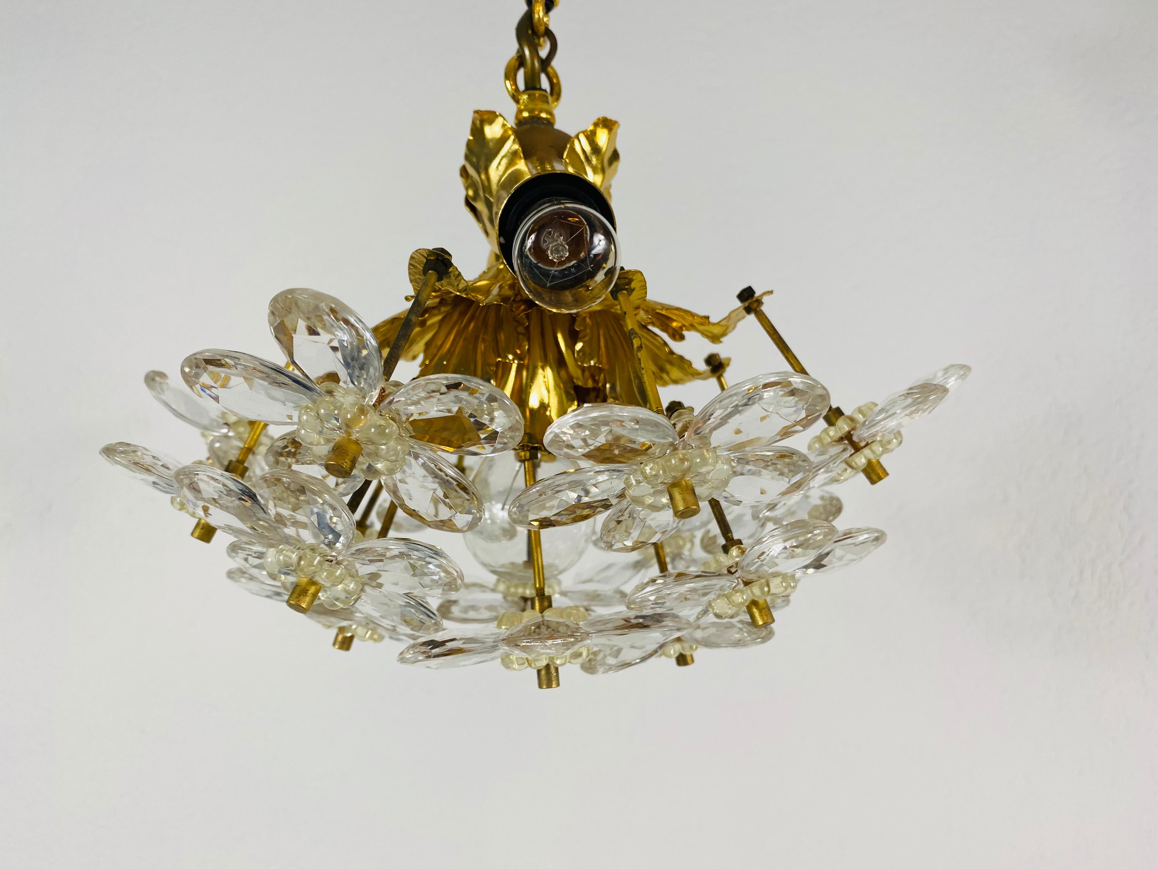 Hollywood Regency Golden Gilded Brass and Crystal Glass Chandelier by Palwa, Germany, 1960s For Sale