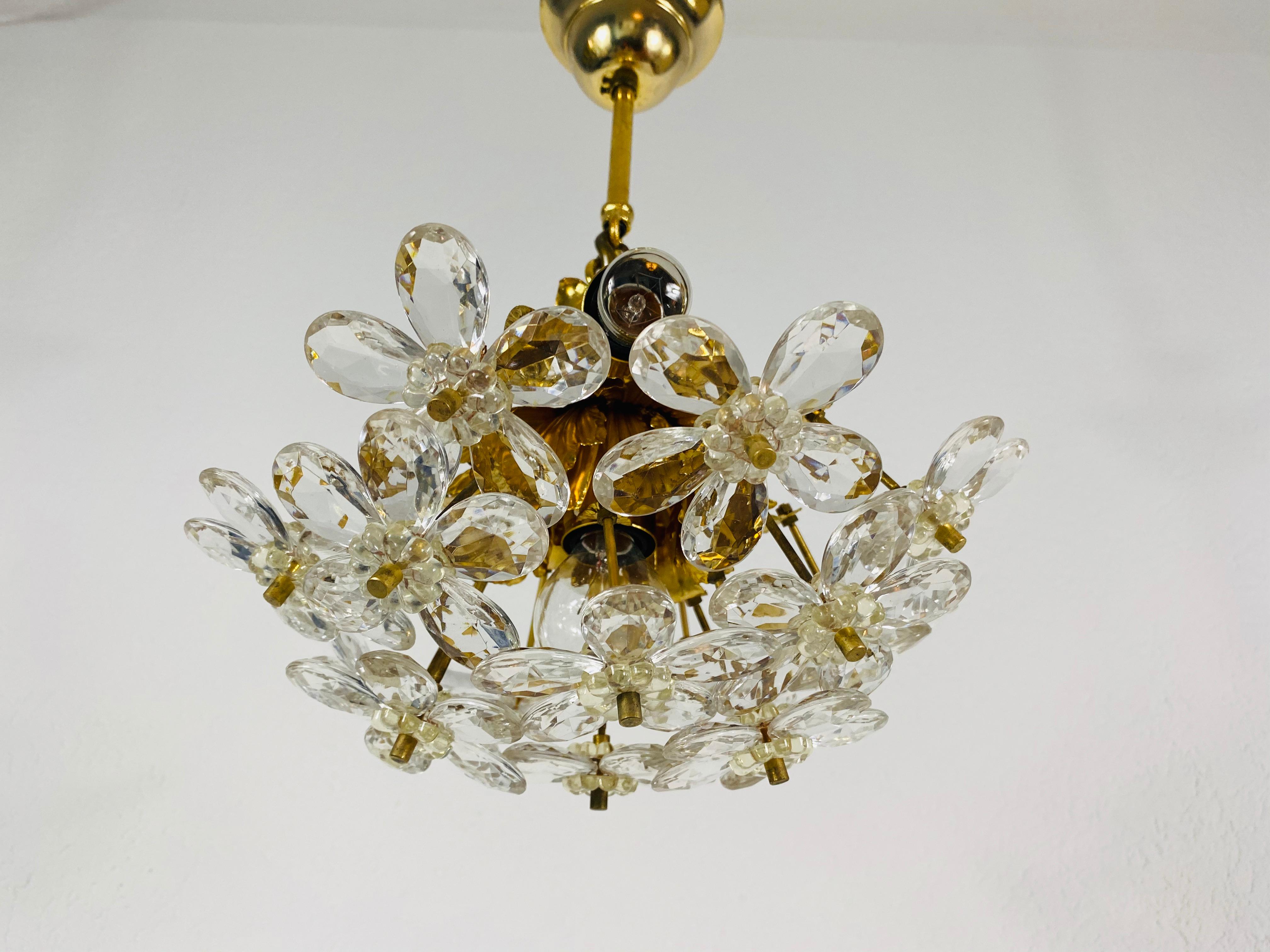 Gilt Golden Gilded Brass and Crystal Glass Chandelier by Palwa, Germany, 1960s For Sale