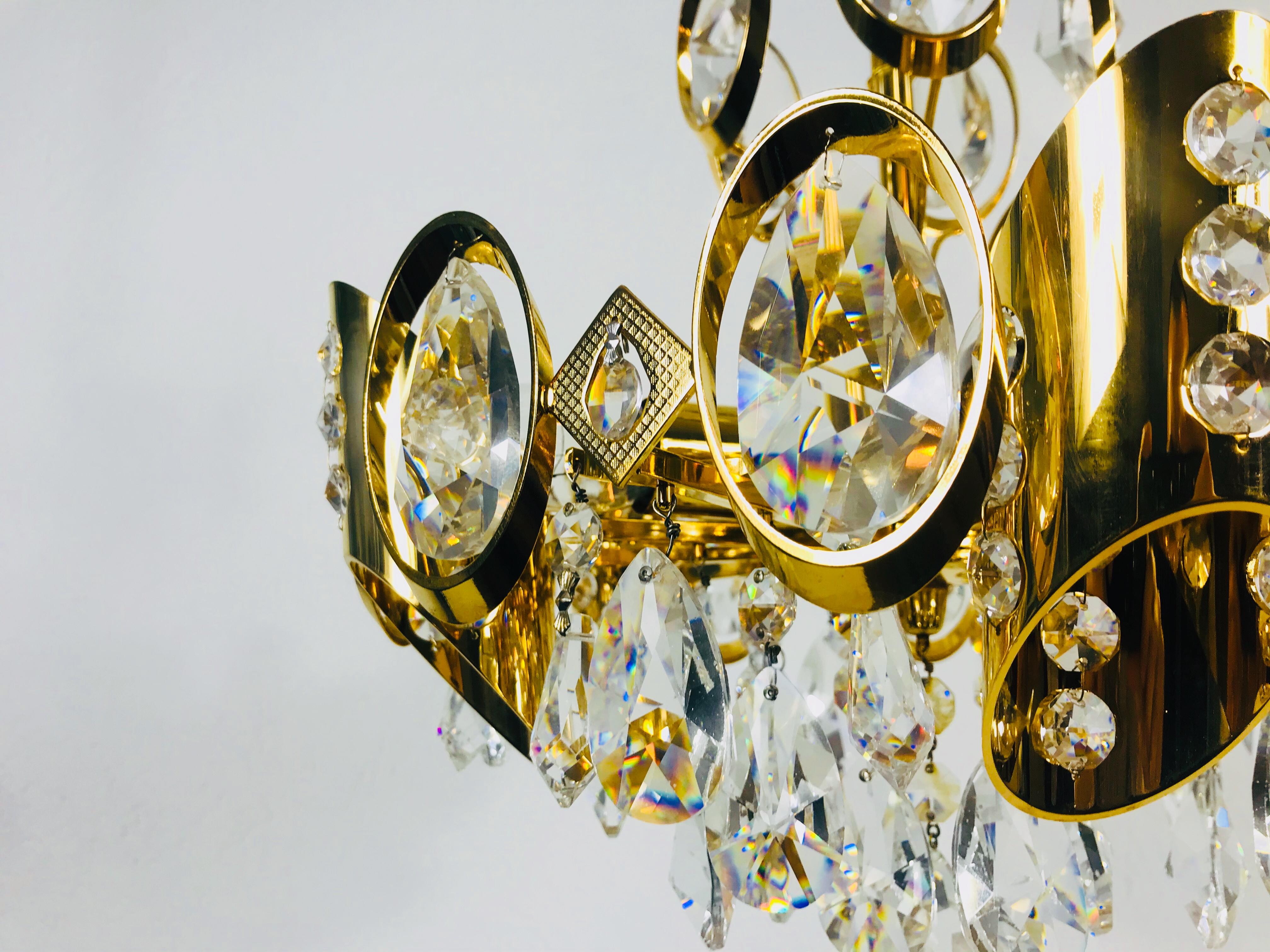 Golden Gilded Brass and Crystal Glass Chandelier by Palwa, Germany, 1960s For Sale 1