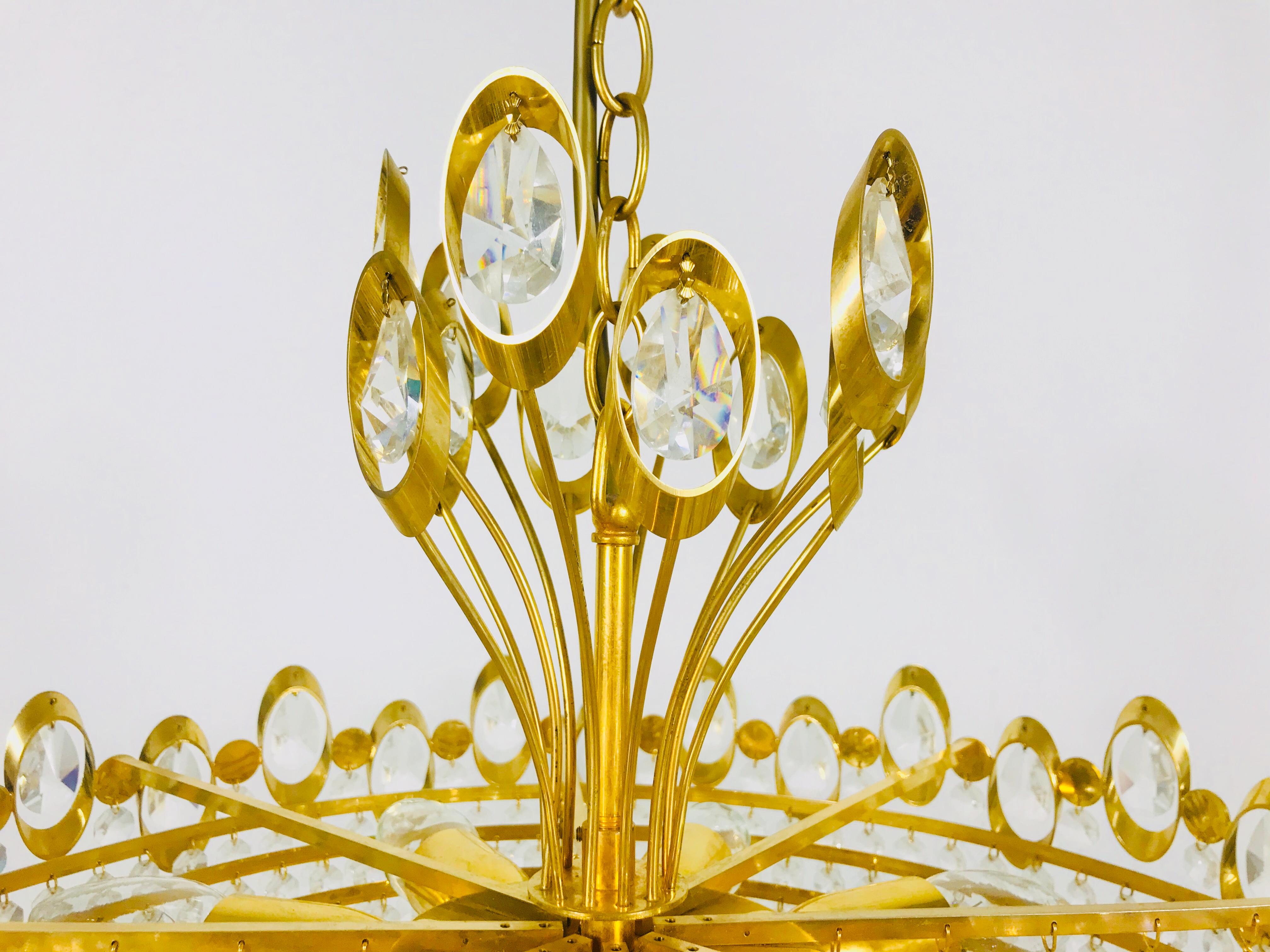 Golden Gilded Brass and Crystal Glass Chandelier by Palwa, Germany, 1960s For Sale 1