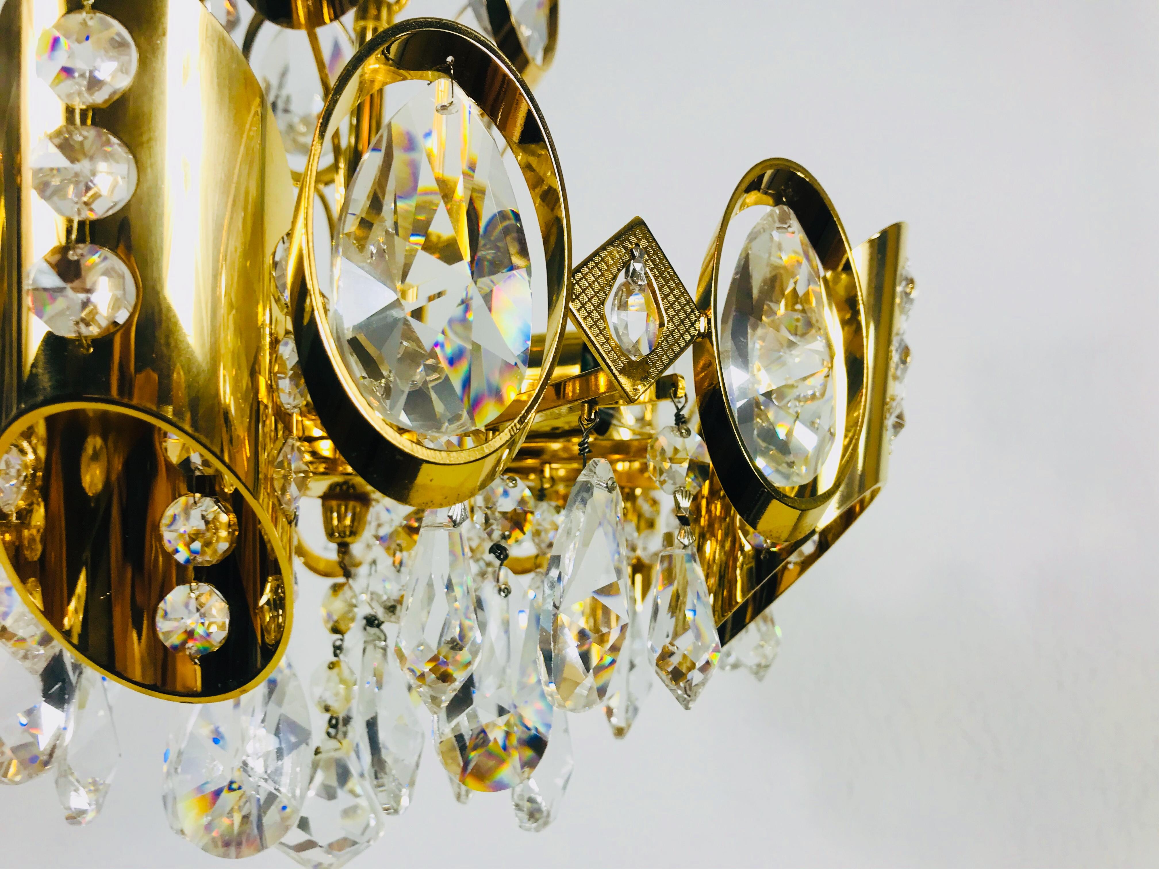 Golden Gilded Brass and Crystal Glass Chandelier by Palwa, Germany, 1960s For Sale 2