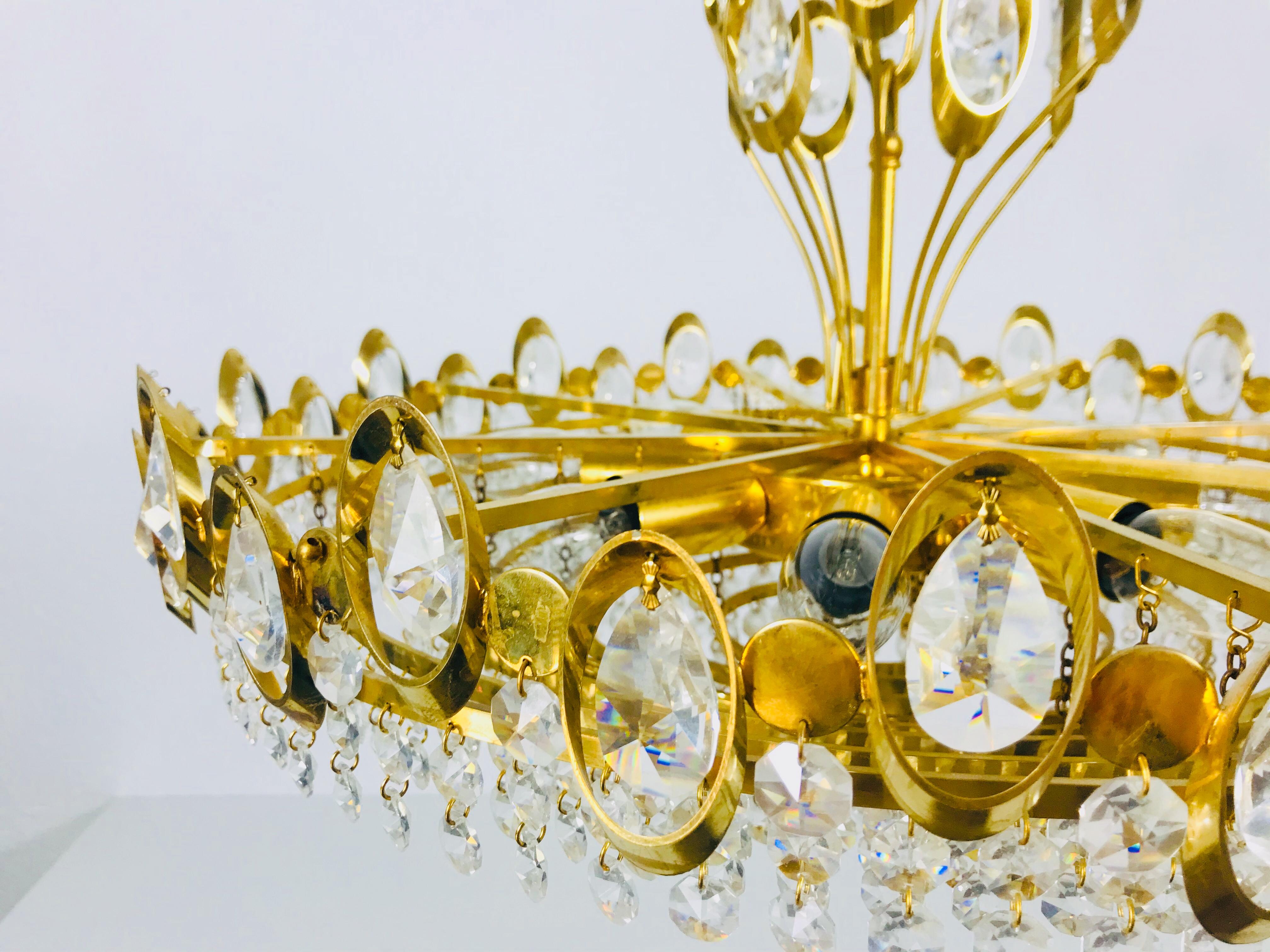 Golden Gilded Brass and Crystal Glass Chandelier by Palwa, Germany, 1960s For Sale 2