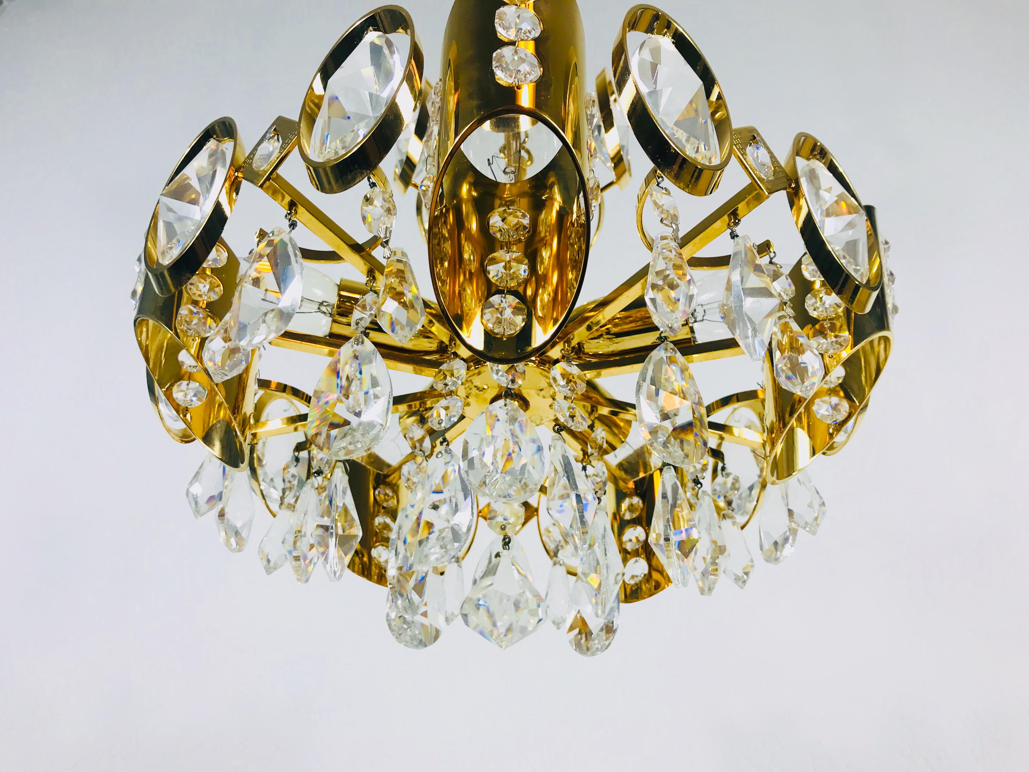 Golden Gilded Brass and Crystal Glass Chandelier by Palwa, Germany, 1960s For Sale 3