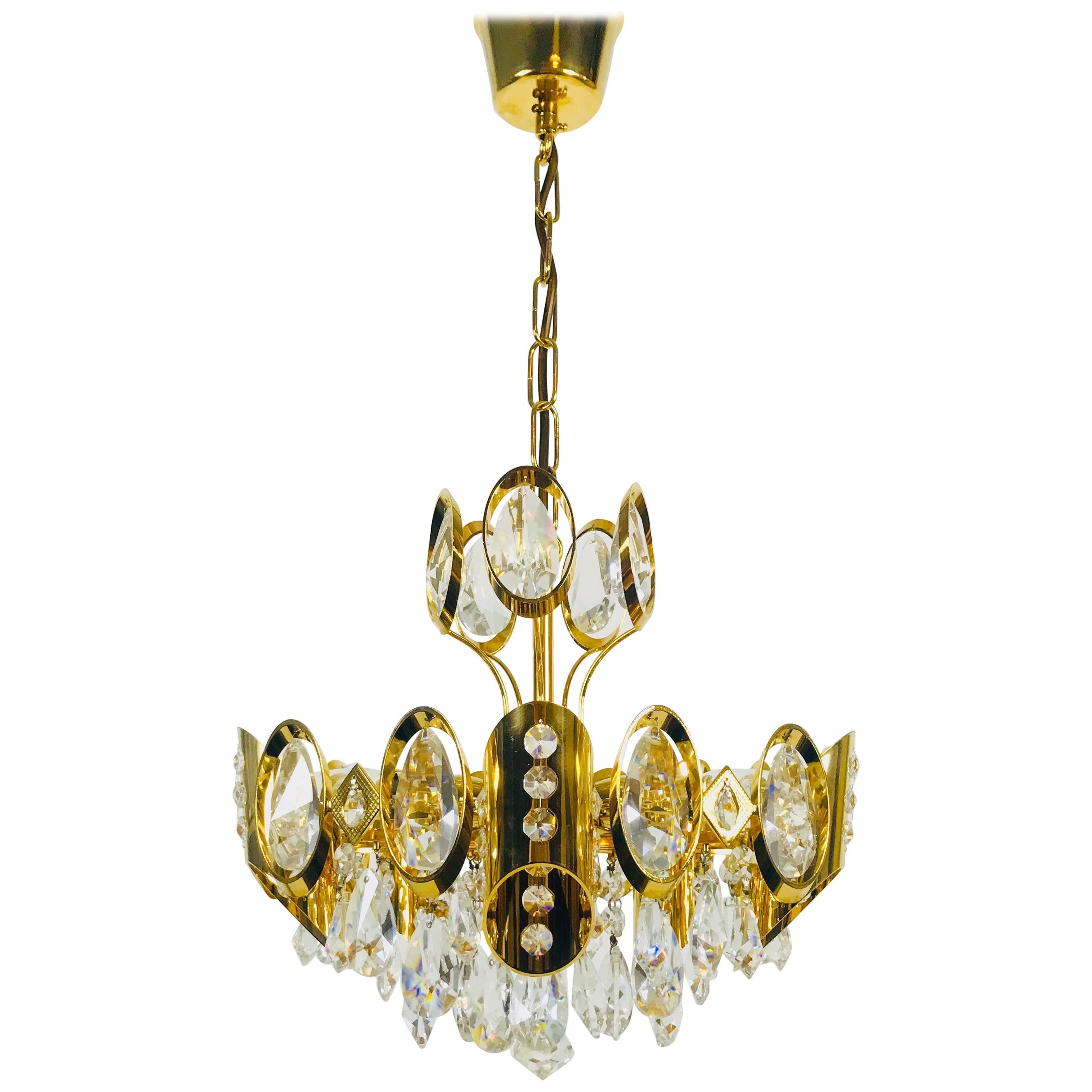 Golden Gilded Brass and Crystal Glass Chandelier by Palwa, Germany, 1960s