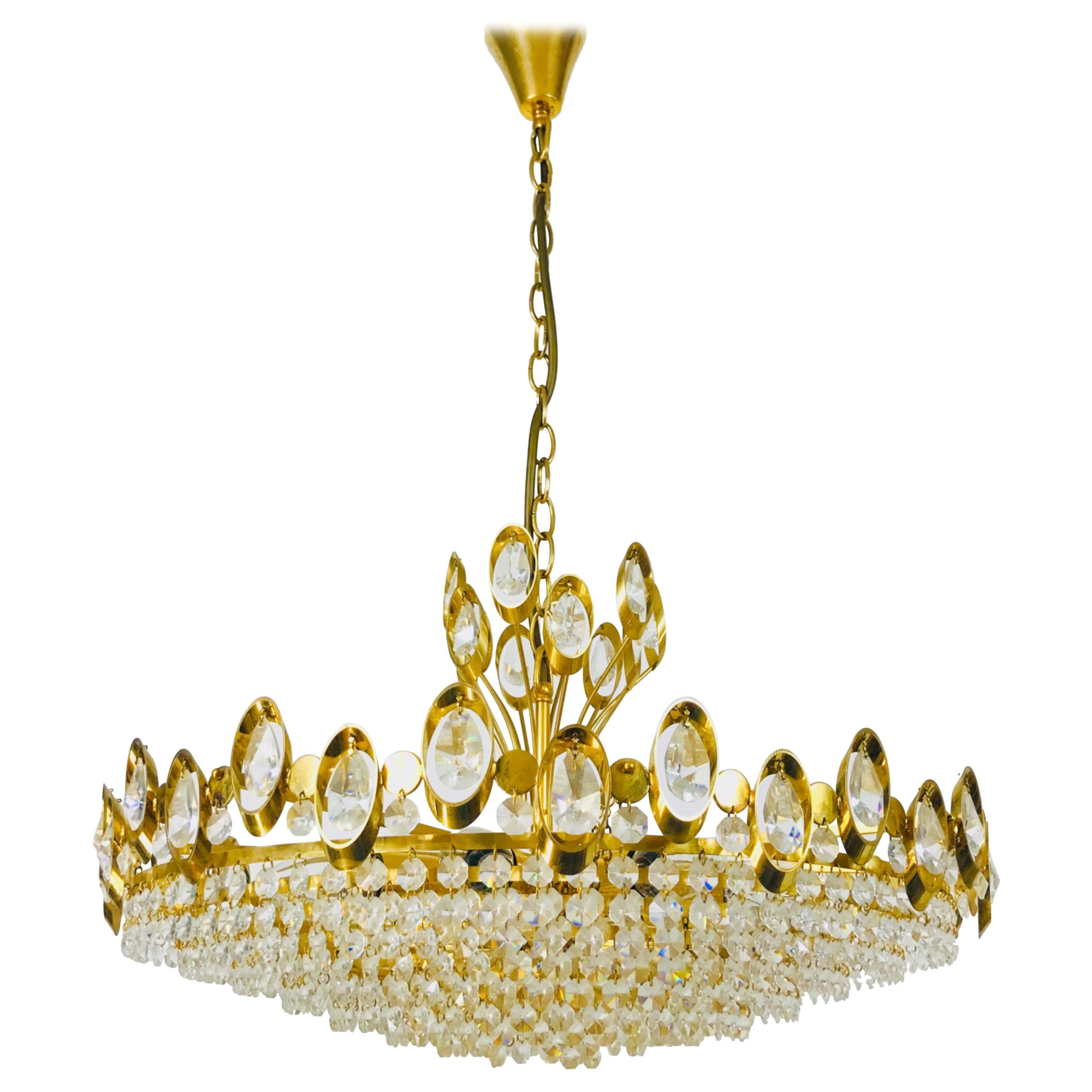 Golden Gilded Brass and Crystal Glass Chandelier by Palwa, Germany, 1960s For Sale