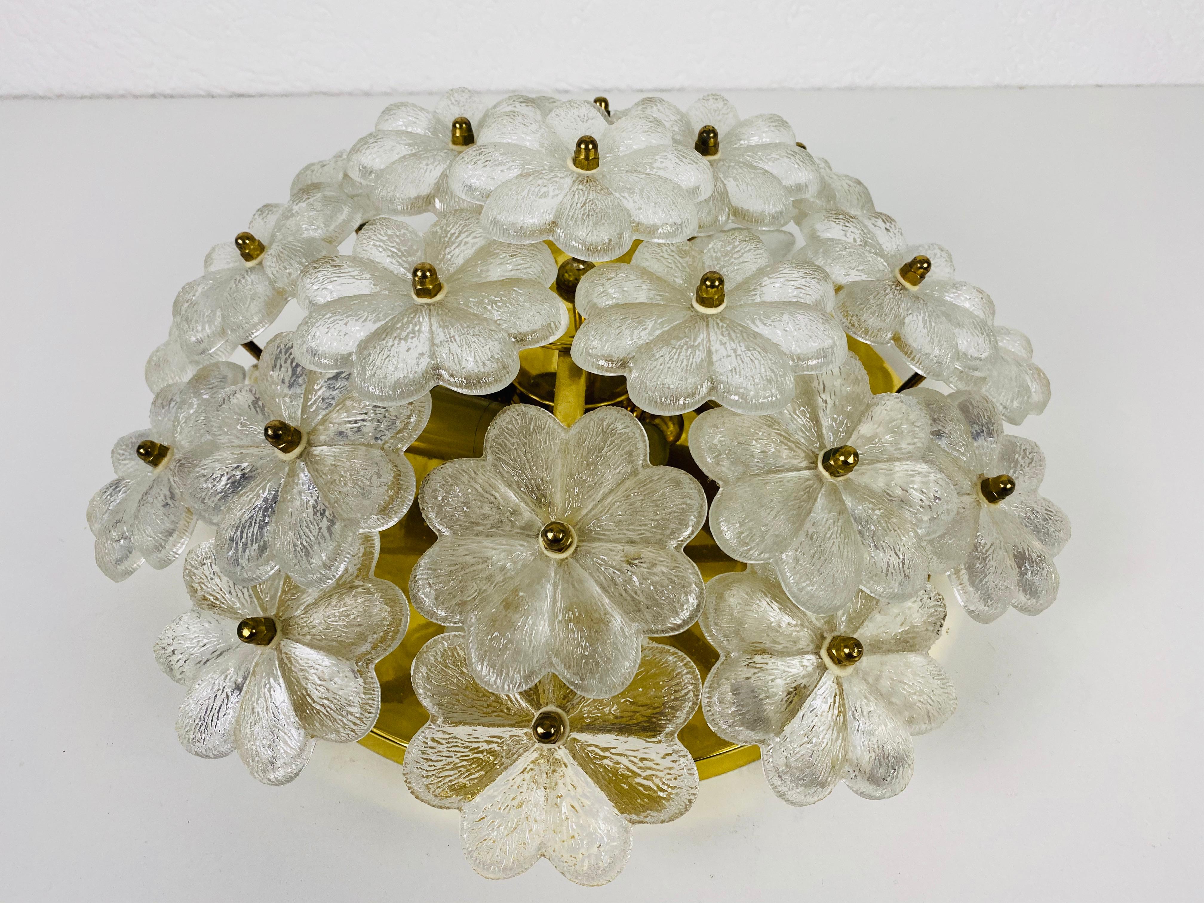 Golden Gilded Brass and Crystal Glass Flushmount by Ernst Palme, 1960 In Good Condition In Hagenbach, DE