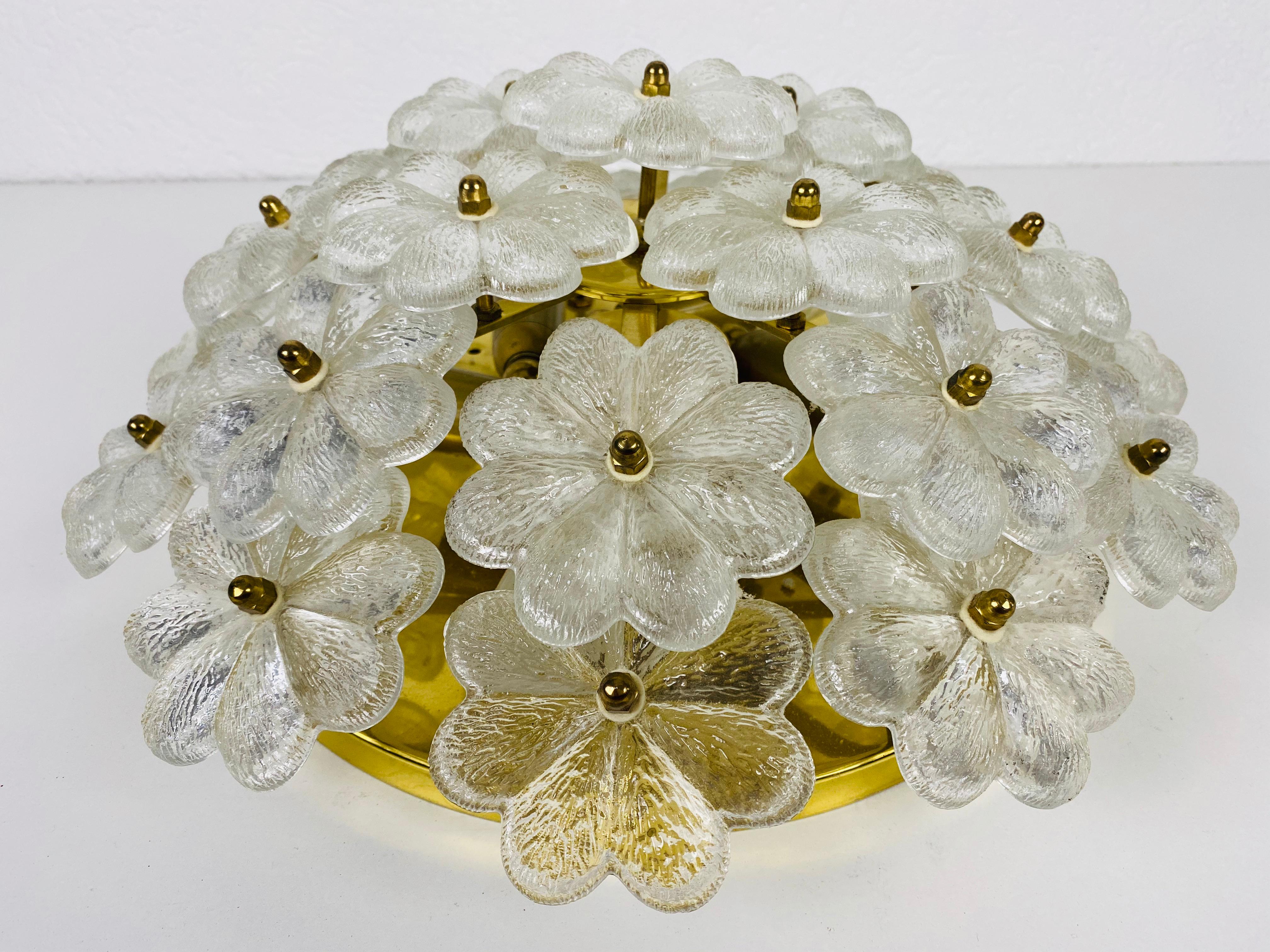 Golden Gilded Brass and Crystal Glass Flushmount by Ernst Palme, 1960 2