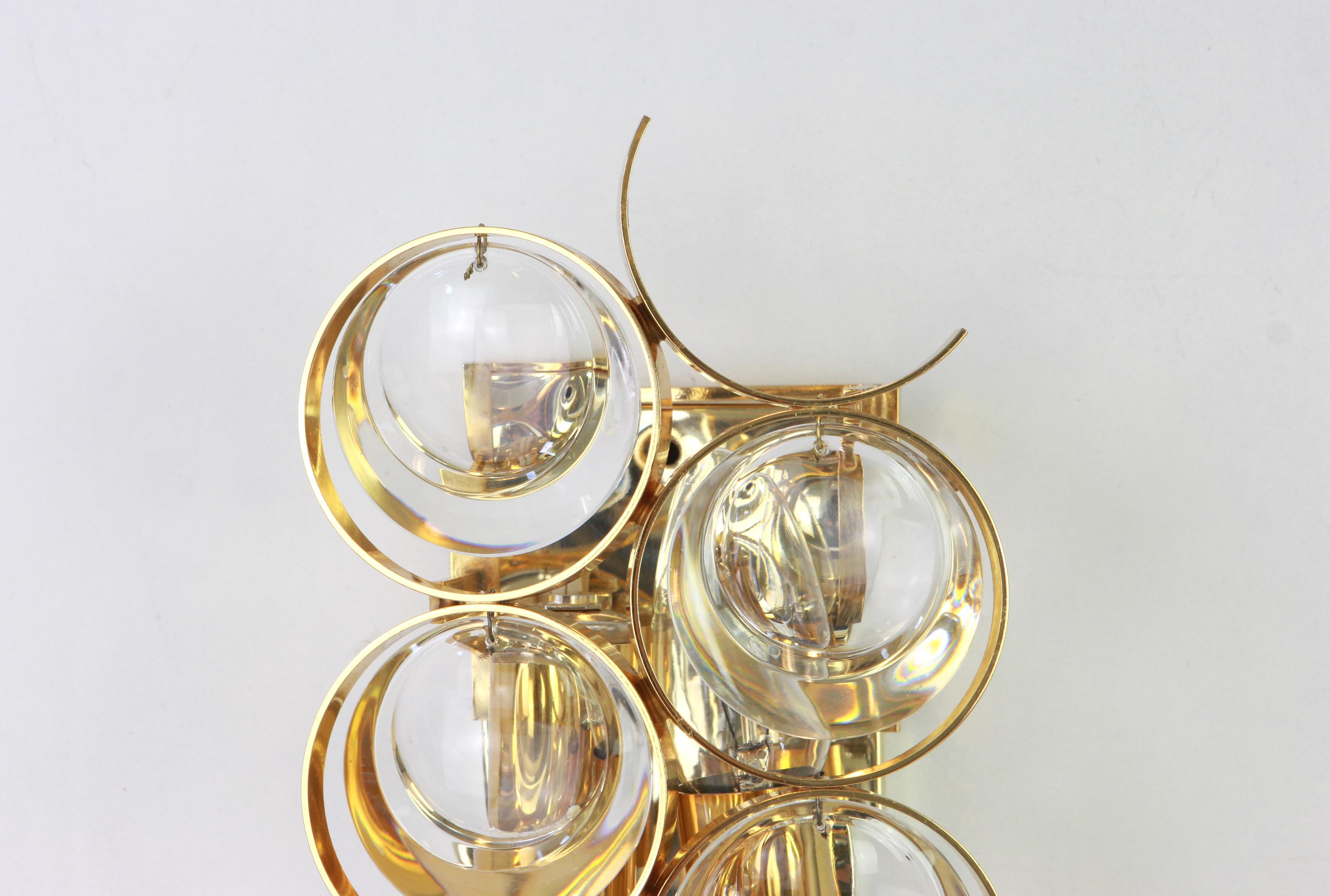 Mid-Century Modern 1 of 2 Golden Gilded Brass and Crystal Sconce by Palwa, Germany, 1960s For Sale