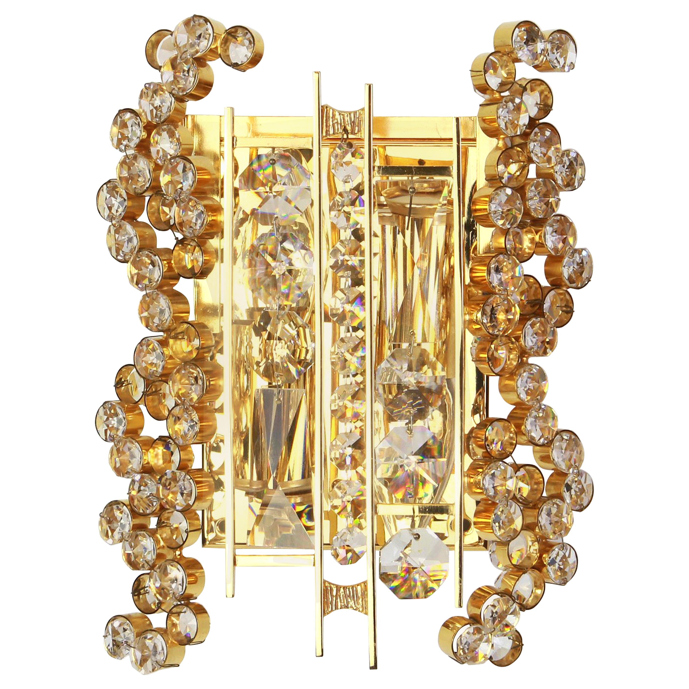 Golden Gilded Brass and Crystal Sconce by Palwa, Germany, 1960s