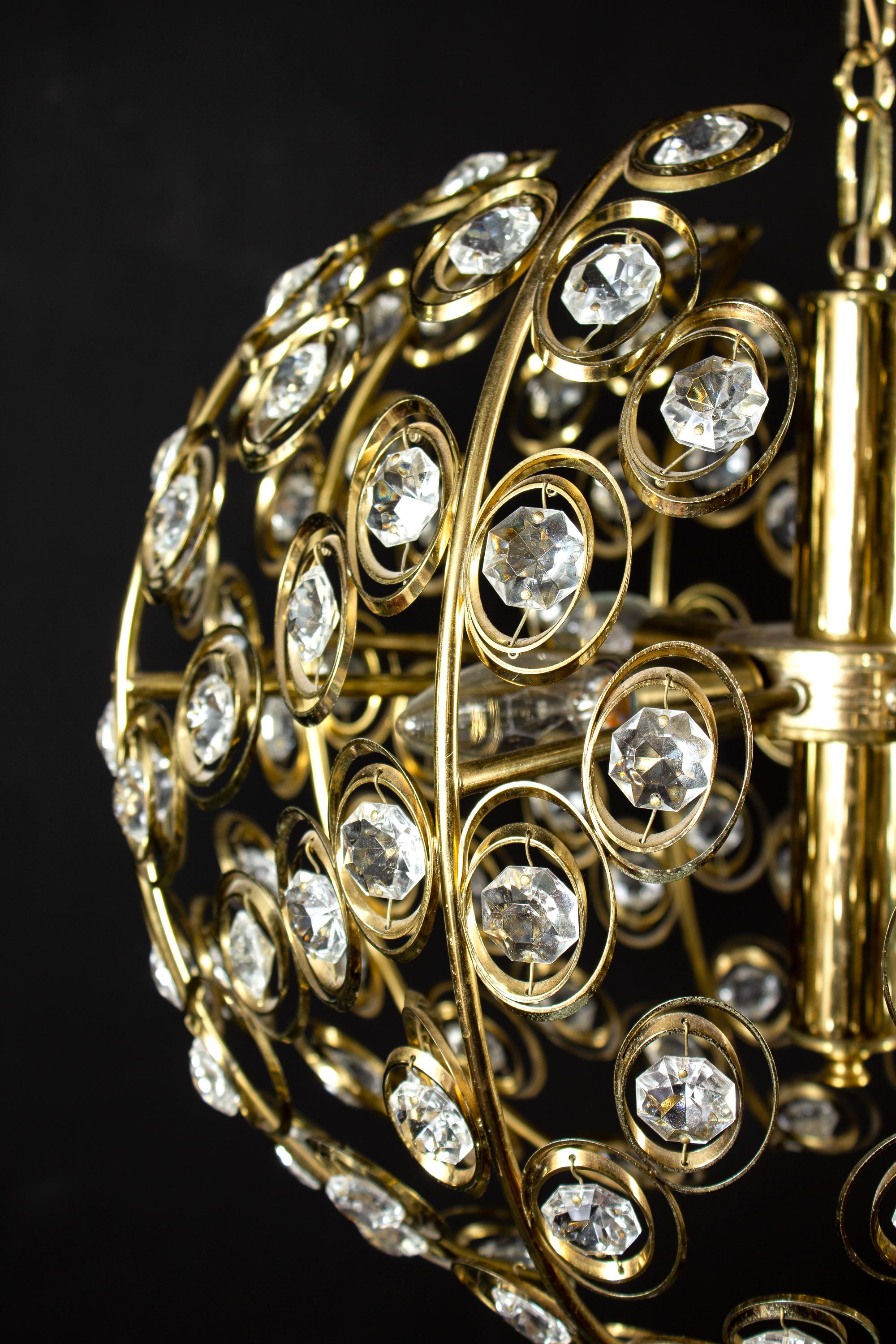 Brass Golden Globe and Diamond Crystal Midcentury Chandelier by Gaetano Sciolari, 1960 For Sale