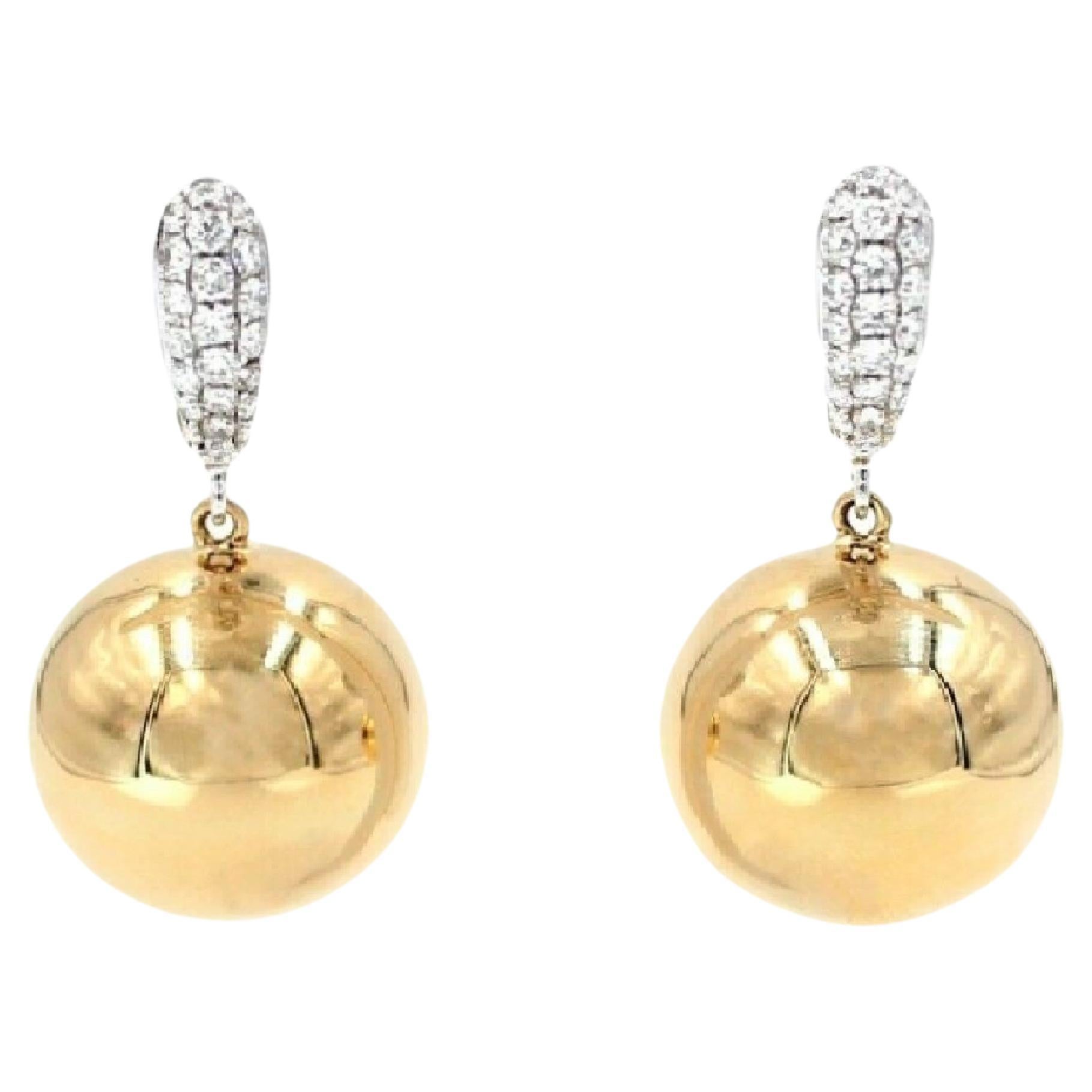 Golden Globe Circle Sphere Geometric Diamond Pave 18k Gold Huggie Drop Earrings
