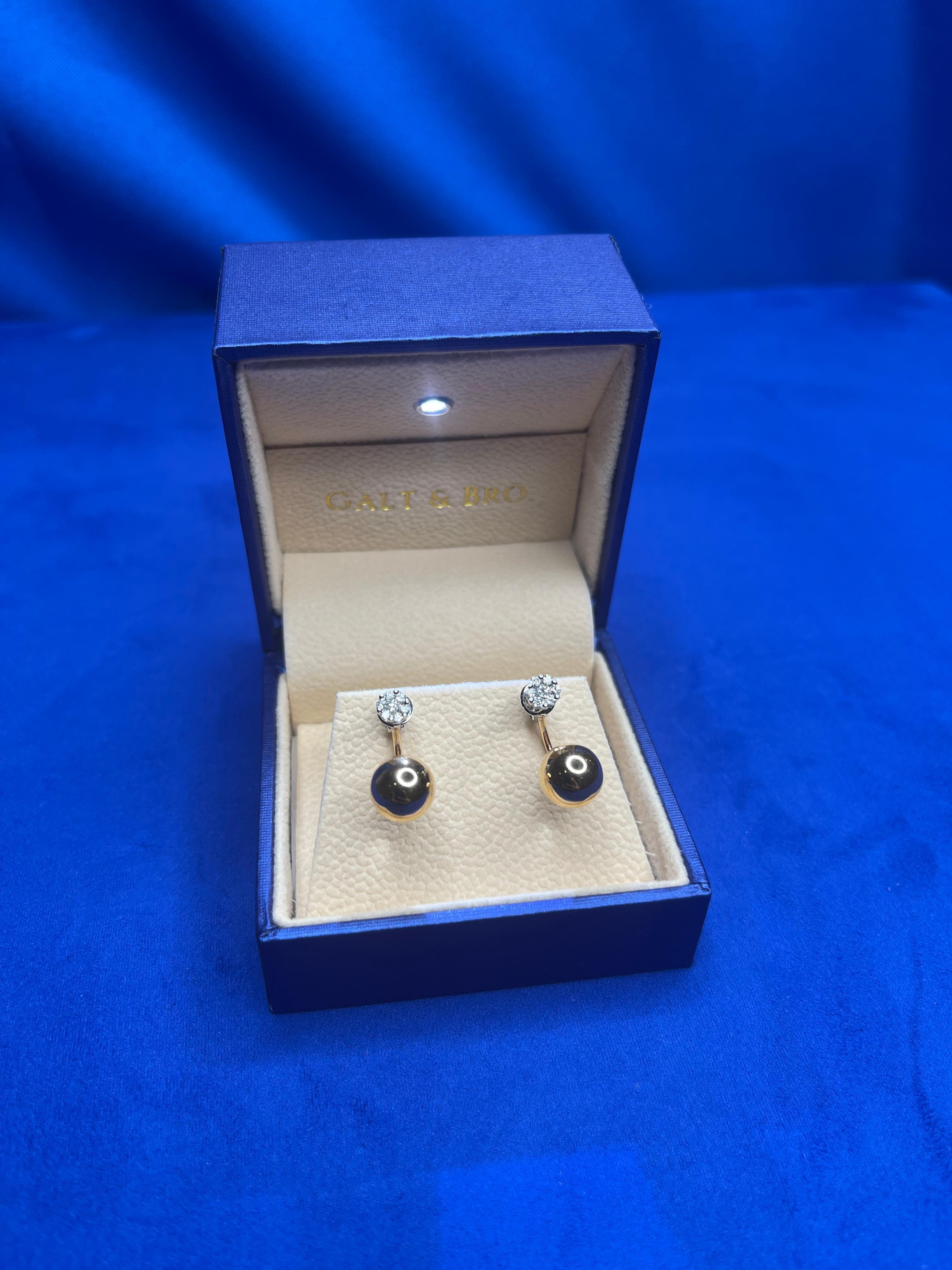 Golden Globe Circle Sphere Geometric Diamond Pave 18k Gold Stud Drop Earrings For Sale 2