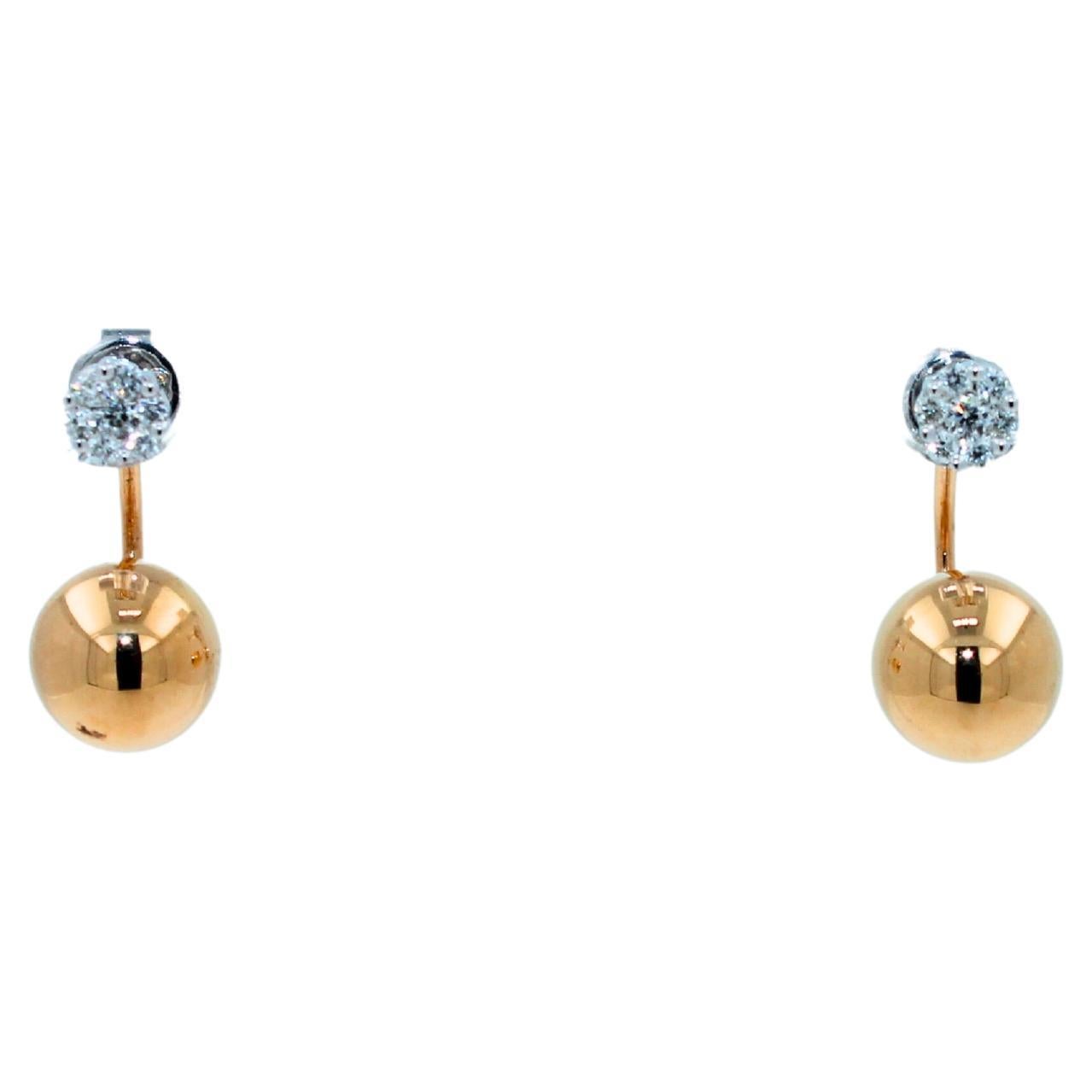 Golden Globe Circle Sphere Geometric Diamond Pave 18k Gold Stud Drop Earrings