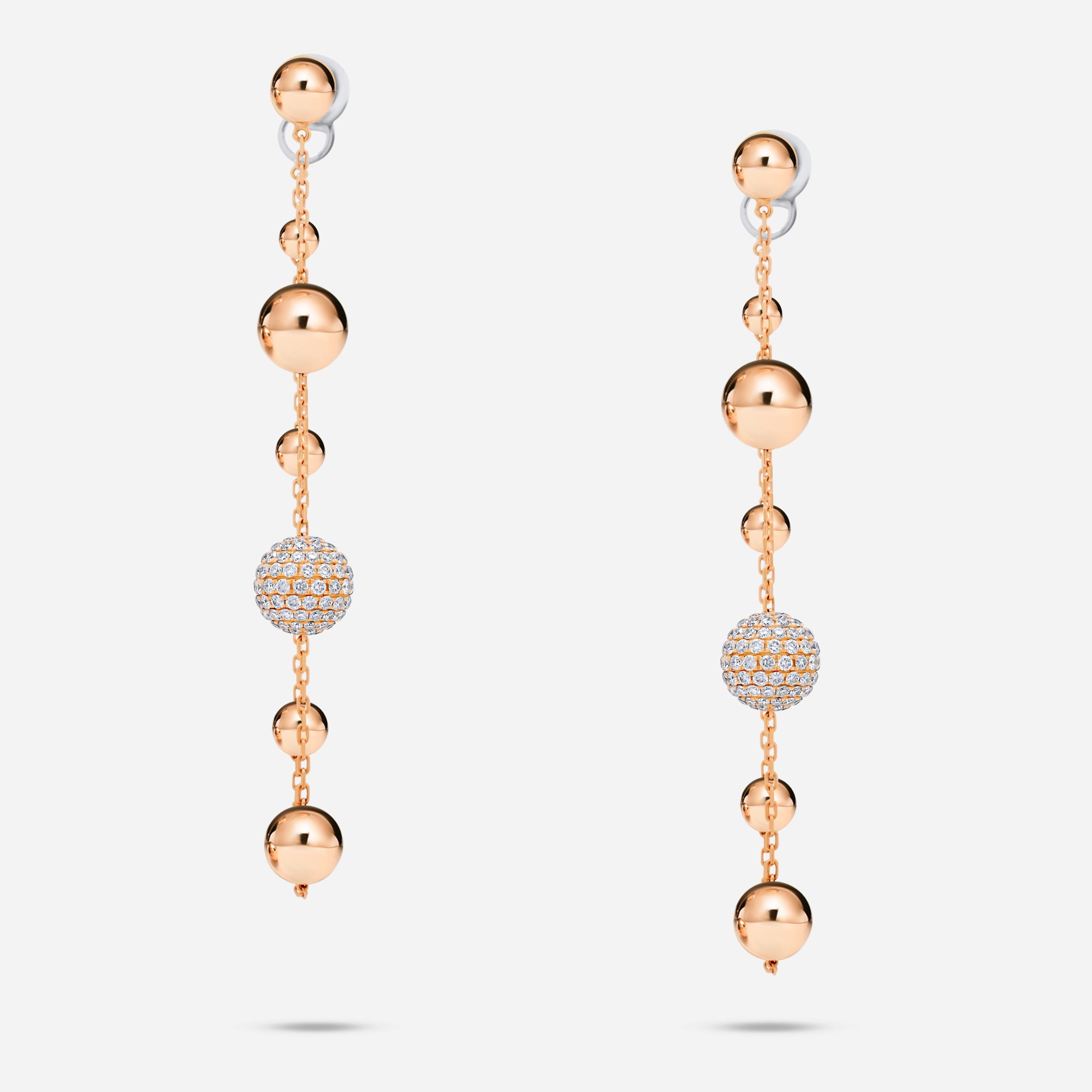 Art Deco Golden Globe Circle Spheres Diamond Pave 18k Gold Dangle Drop Chain Earrings For Sale