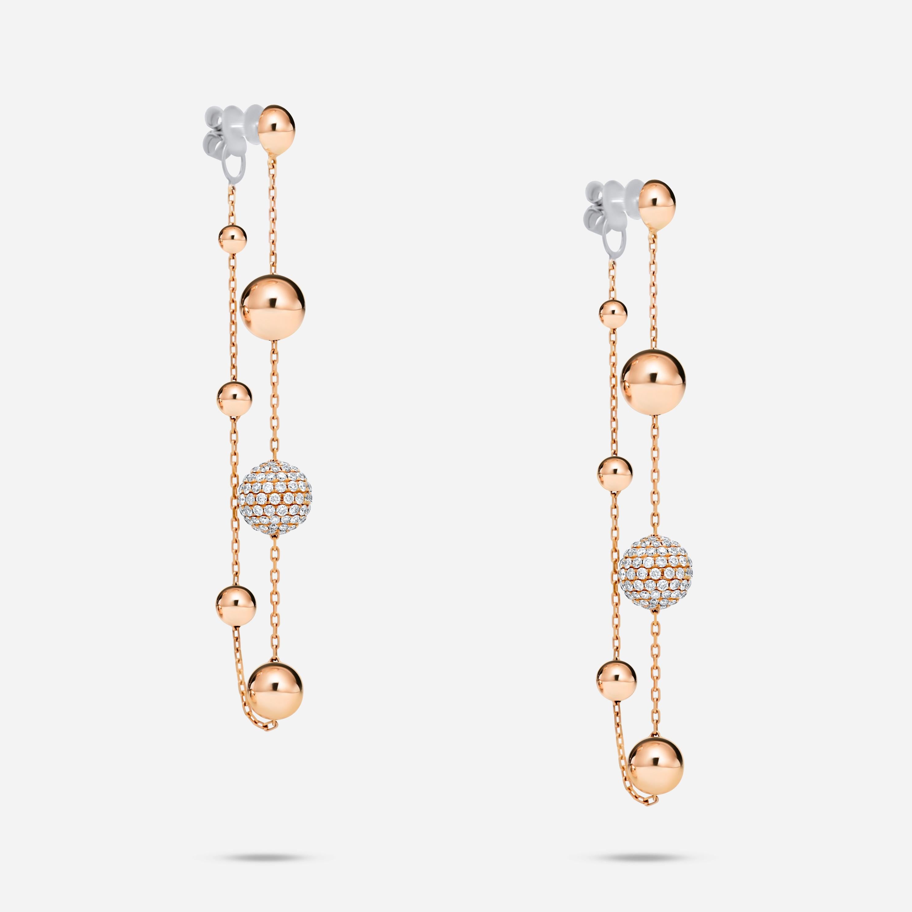 Mixed Cut Golden Globe Circle Spheres Diamond Pave 18k Gold Dangle Drop Chain Earrings For Sale