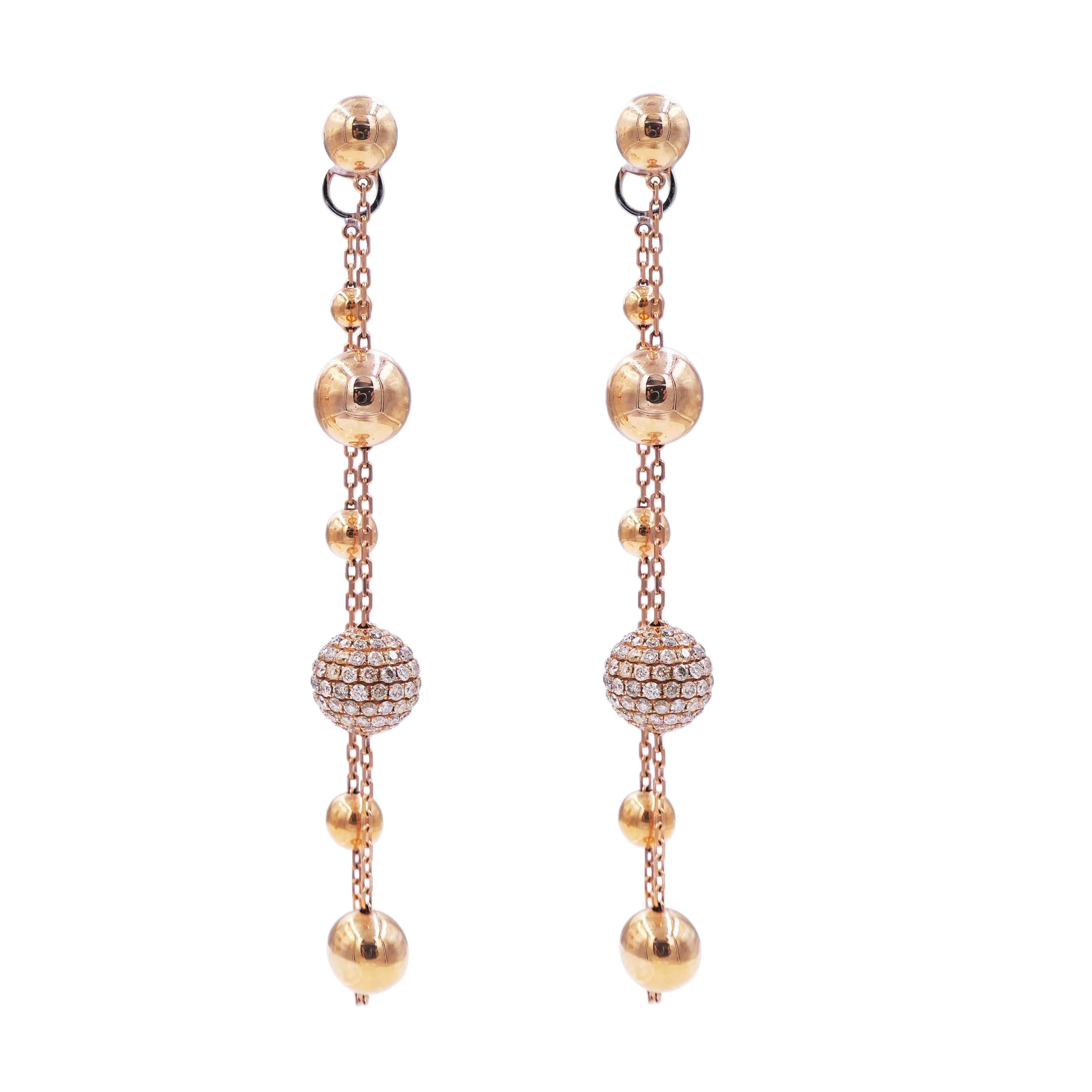 Golden Globe Circle Spheres Diamond Pave 18k Gold Dangle Drop Chain Earrings In New Condition For Sale In Oakton, VA