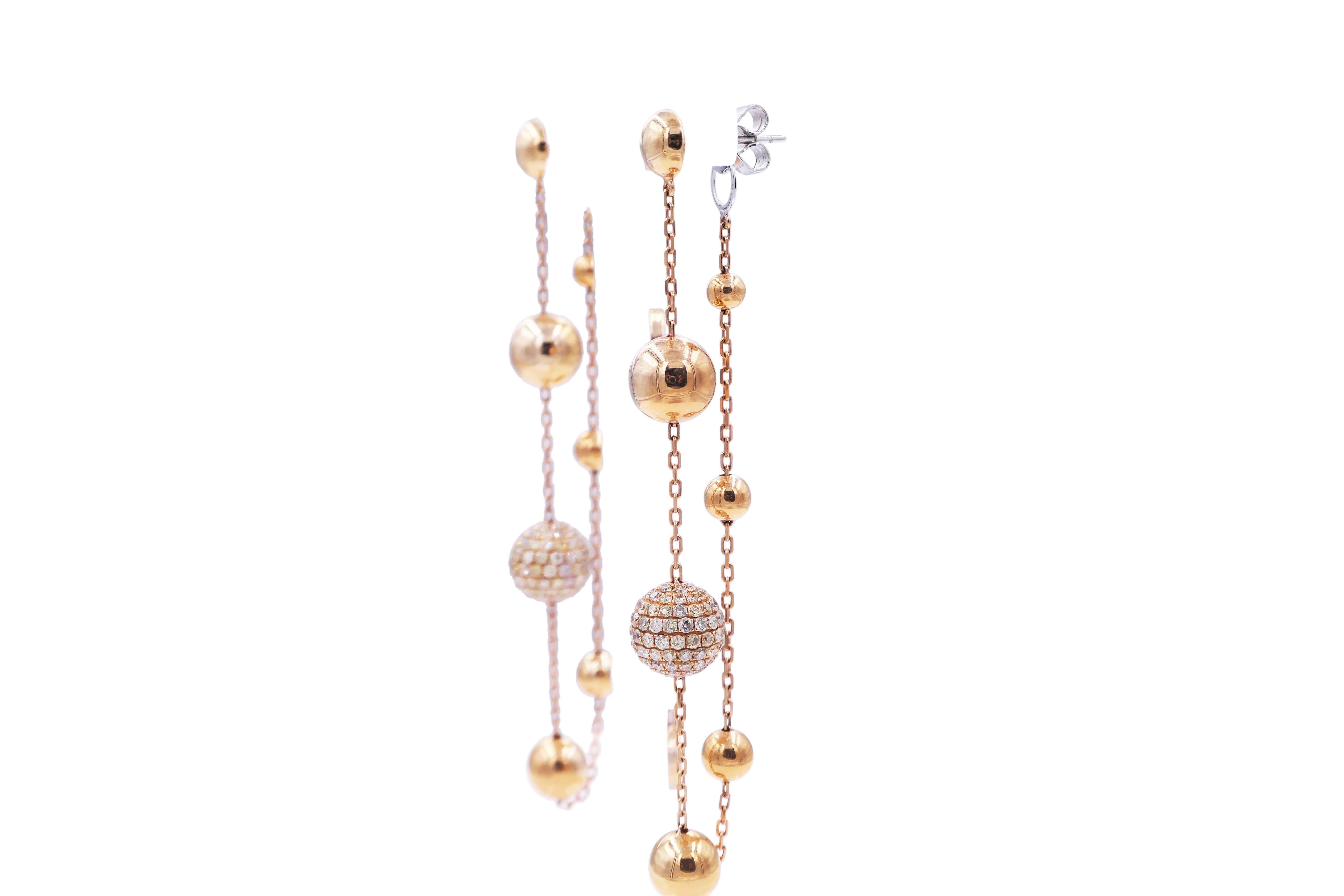Women's Golden Globe Circle Spheres Diamond Pave 18k Gold Dangle Drop Chain Earrings For Sale