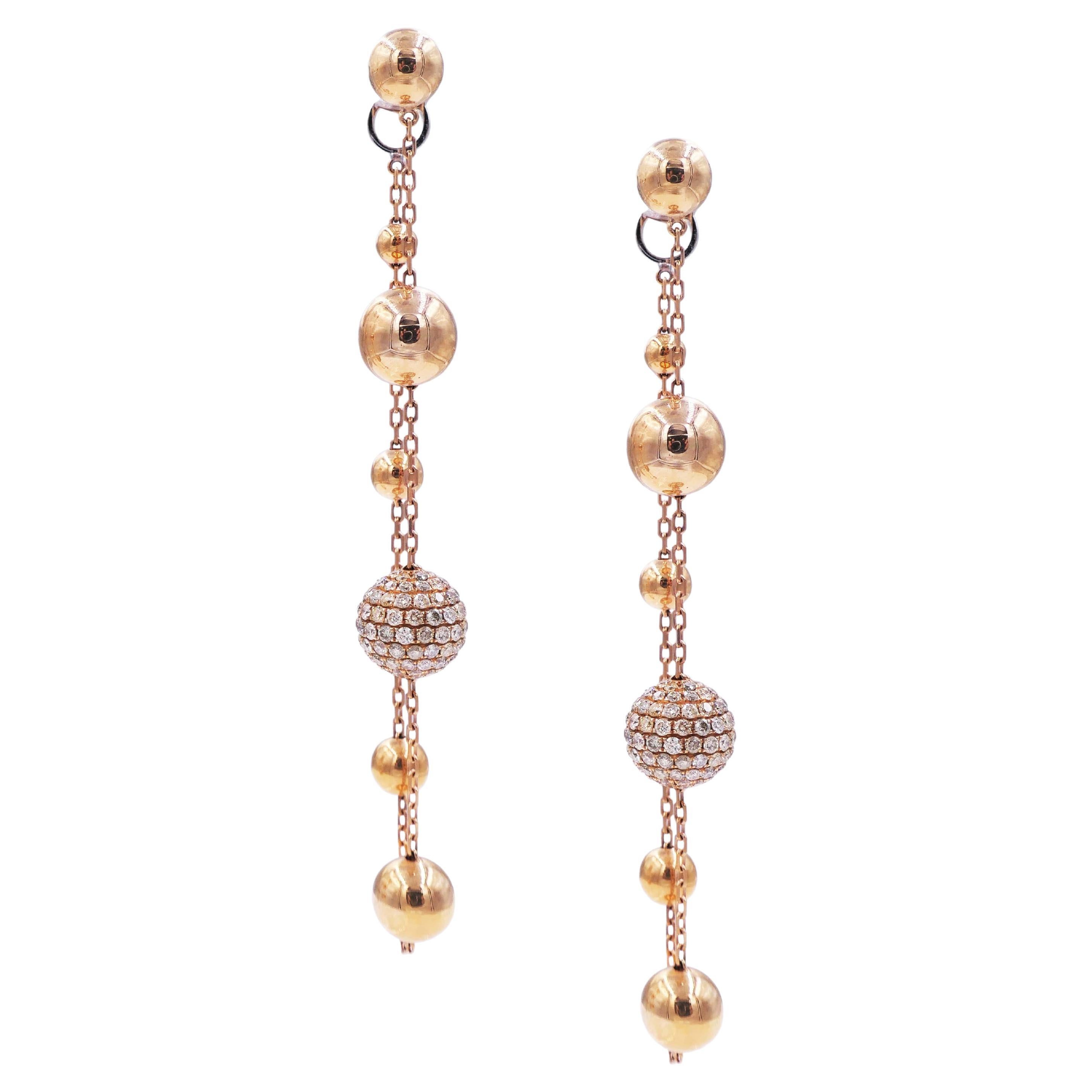 Golden Globe Circle Spheres Diamond Pave 18k Gold Dangle Drop Chain Earrings For Sale