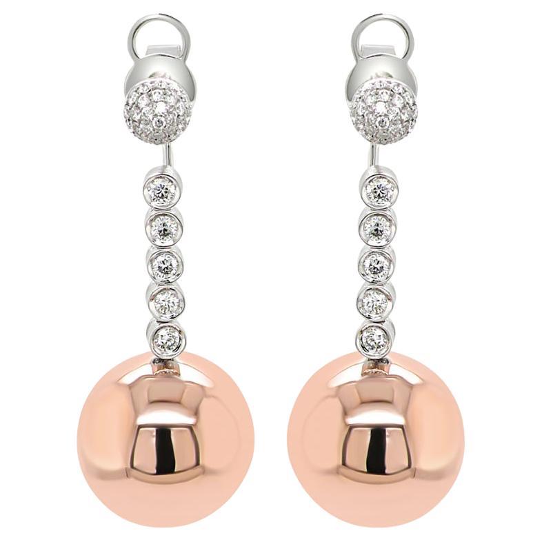 Golden Globe White Diamond 18K Rose Gold Ball Dangle Earrings For Sale
