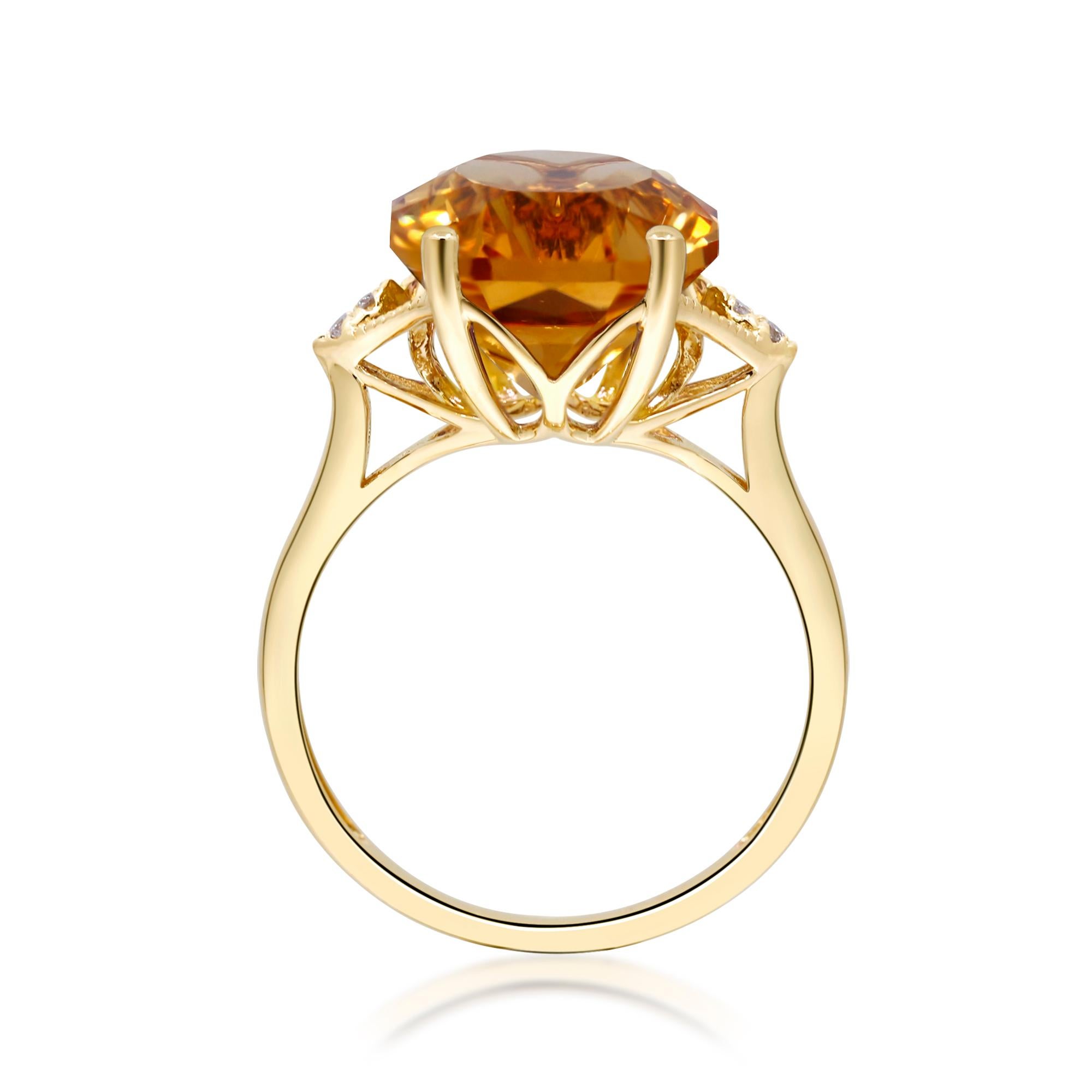 Art déco Bague en or jaune 14K avec citrine et diamant Golden Glow en vente