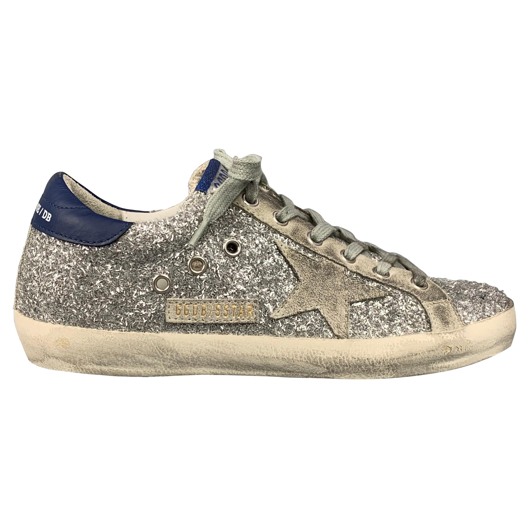 GOLDEN GOOSE 2019 Superstar Size 8 Silver 
Blue Glitter Low Top Sneakers