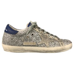 Used GOLDEN GOOSE 2019 Superstar Size 8 Silver & Blue Glitter Low Top Sneakers