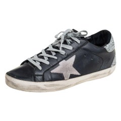 Used Golden Goose Black/Silver Leather And Glitter Superstar Low Top Sneakers Size 37