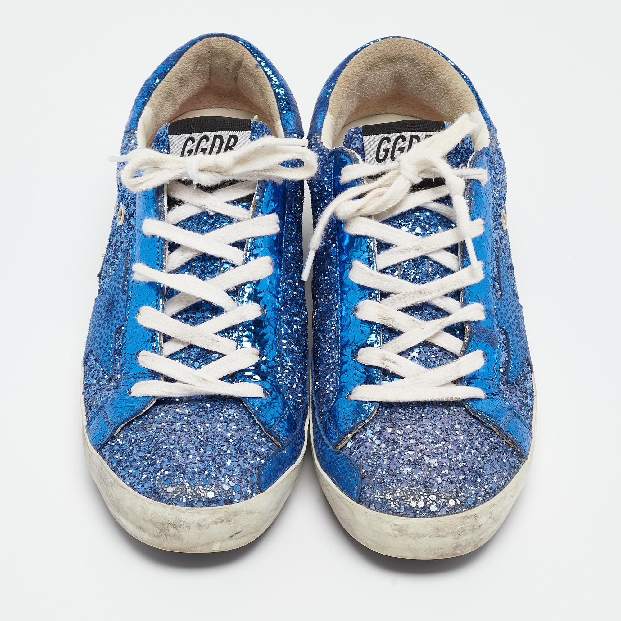 Golden Goose Blue Coarse Glitter Superstar Sneakers Size 38 In Fair Condition In Dubai, Al Qouz 2