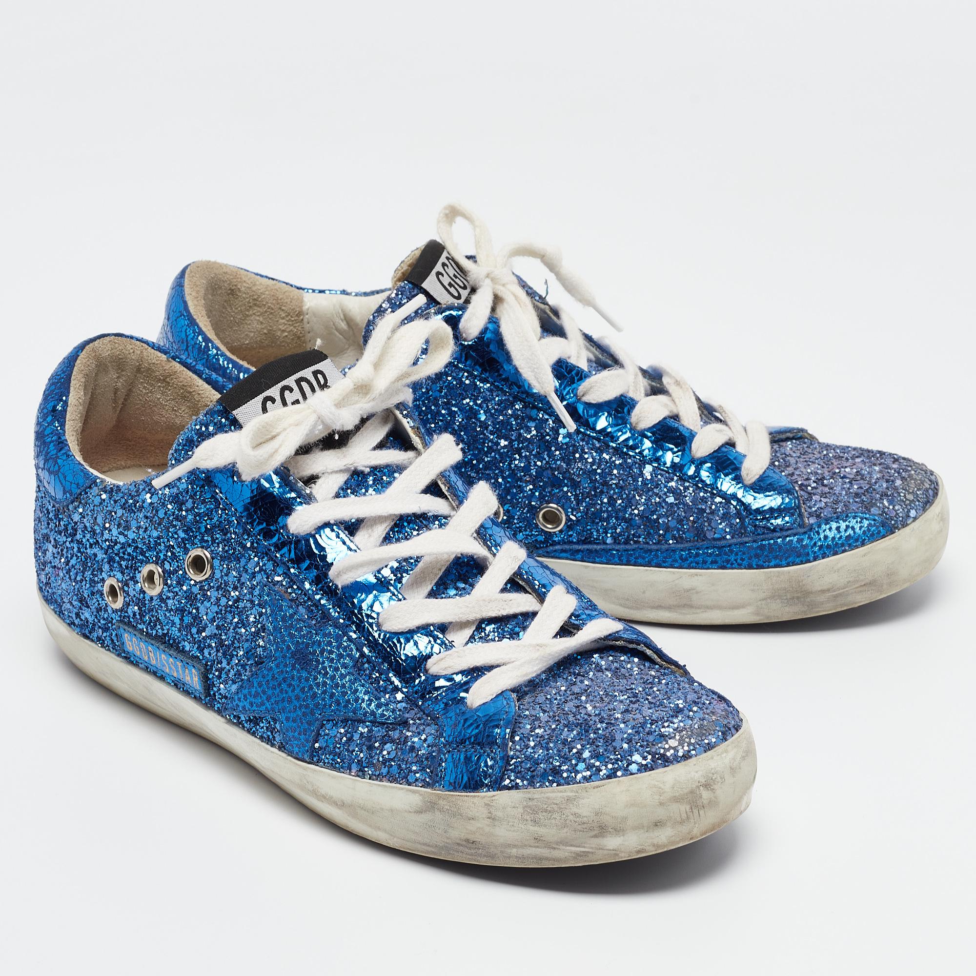Women's Golden Goose Blue Coarse Glitter Superstar Sneakers Size 38