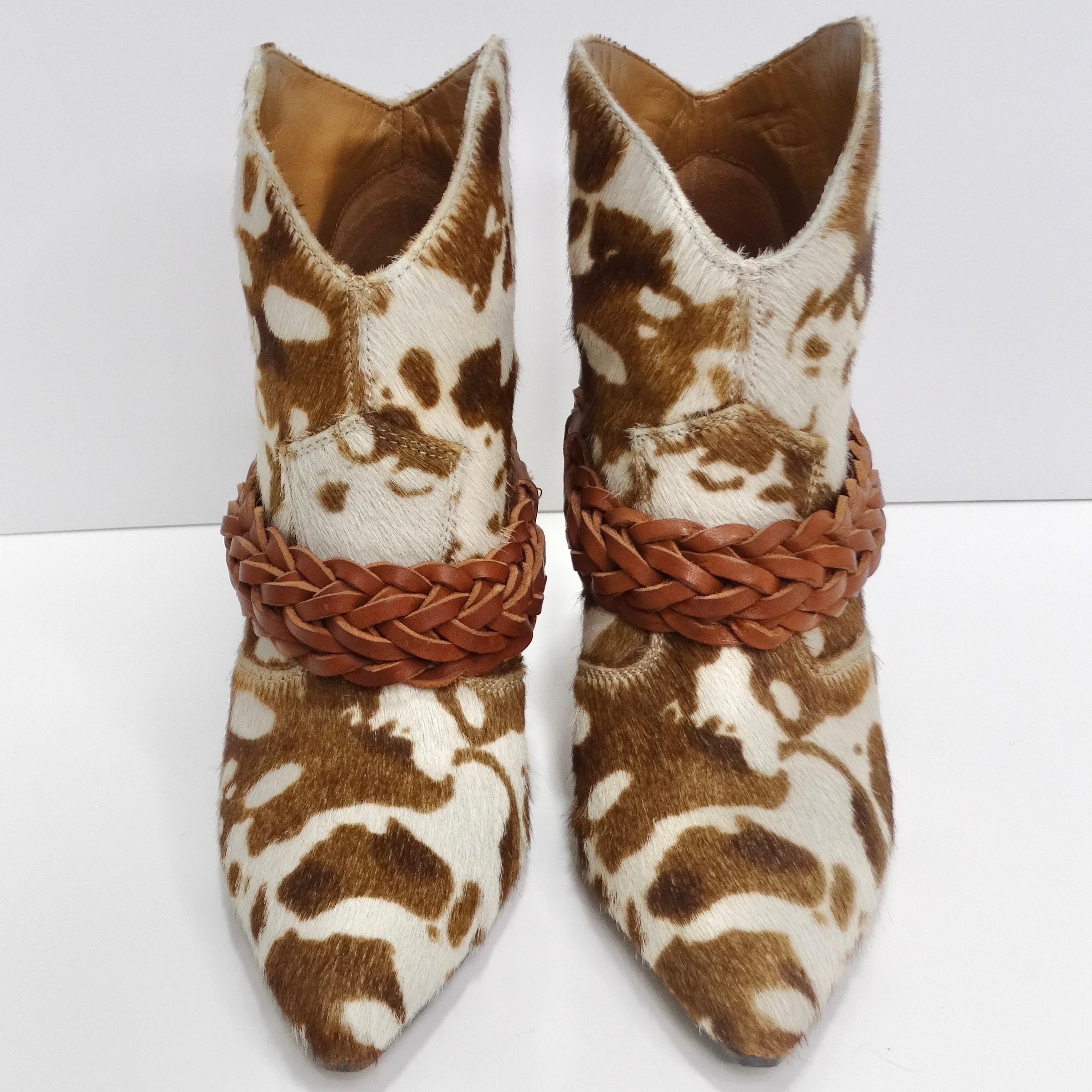 Stride in style with the Golden Goose Cow Print Calf Hair Ankle Boots – a blend of uniqueness and versatility that redefines statement footwear. These ankle boots, adorned with eye-catching cow print calf hair, boast a short heel, pointed toes, and
