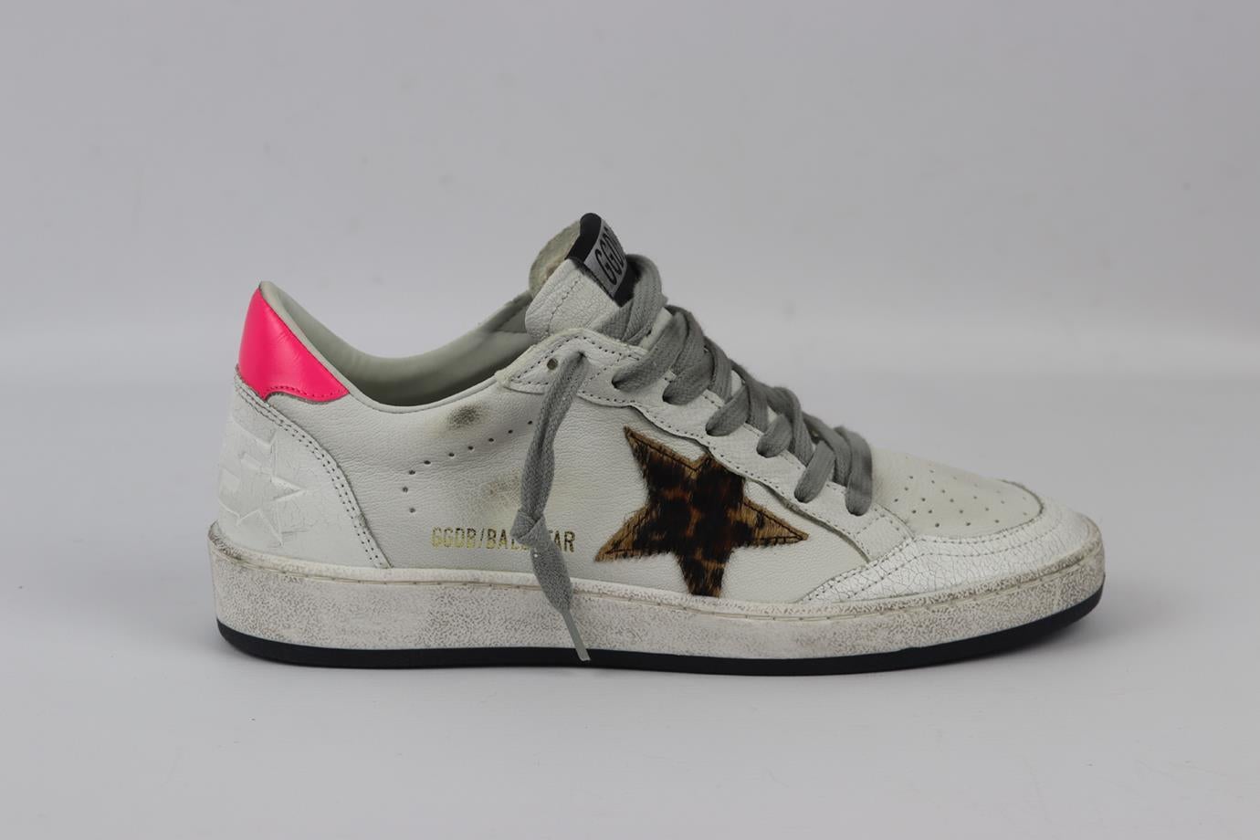 Golden Goose Deluxe Brand Ballstar calf hair and leather sneakers. Ecru, white, pink, grey, brown and black. Lace up fastening at front. Does not come with dustbag or box. Size: EU 38 (UK 5, US 8). Insole: 9.8 in. Heel Height: 1.2 in. New without box