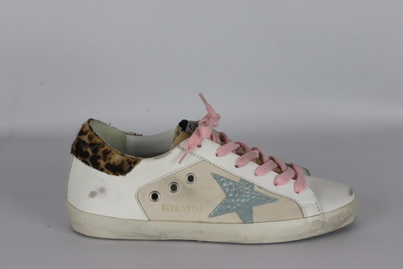 Golden Goose Deluxe Brand Superstar canvas and leather sneakers. White, ecru, blue, pink, brown and black. Lace up fastening at front. Does not come with dustbag or box. Size: EU 38 (UK 5, US 8). Insole: 10 in. Heel: 1 in. New without box
