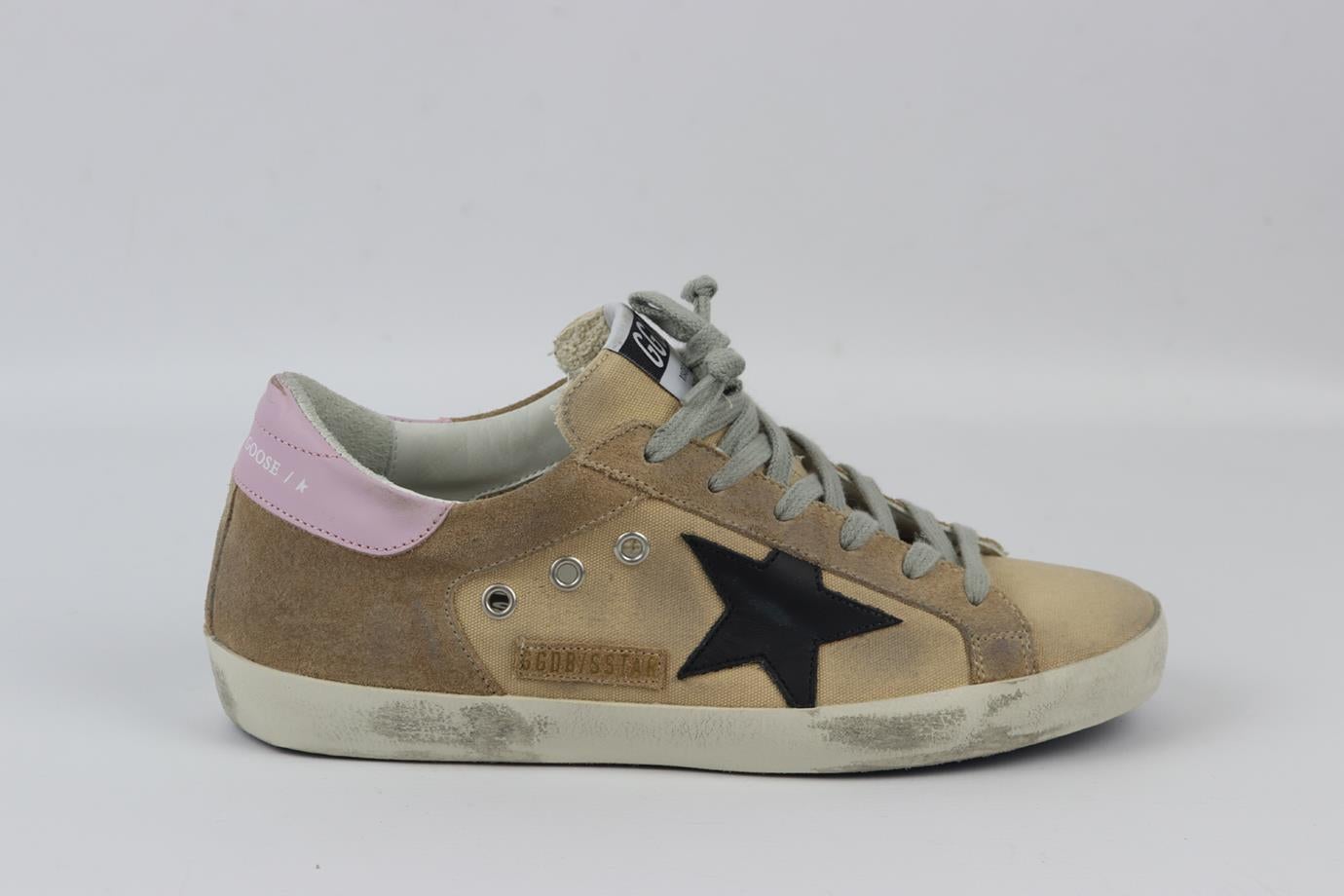 Golden Goose Deluxe Brand Superstar canvas, leather and suede sneakers. Beige, pink, black and grey. Lace up fastening at front. Does not come with dustbag or box. Size: EU 38 (UK 5, US 8). Insole: 9.8 in. Heel Height: 1.5 in. New without box