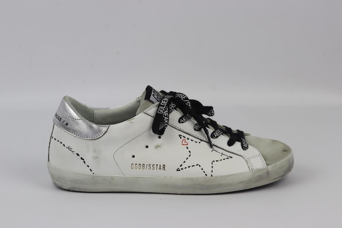 Golden Goose Deluxe Brand Superstar leather and suede sneakers. White, black, ecru and red. Lace up fastening at front. Does not come with dustbag or box. Size: EU 38 (UK 5, US 8). Insole: 9.9 in. Heel Height: 1.4 in. New without box