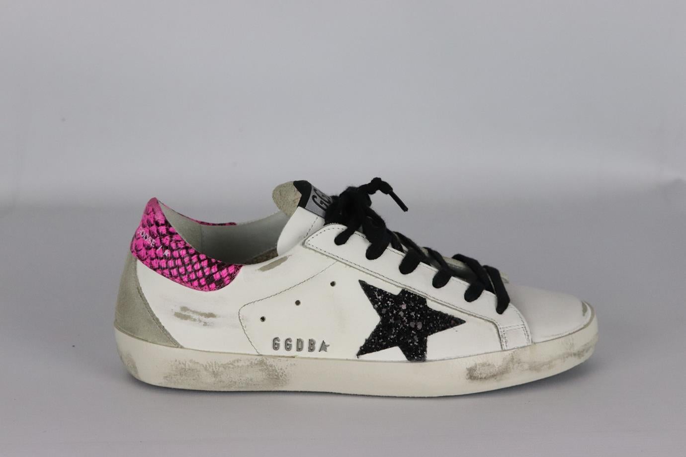 Golden Goose Deluxe Brand Superstar leather sneakers. White, black and pink. Lace up fastening at front. Does not come with dustbag or box. Size: EU 38 (UK 5, US 8). Insole: 10 in. Heel: 1 in. New without box
