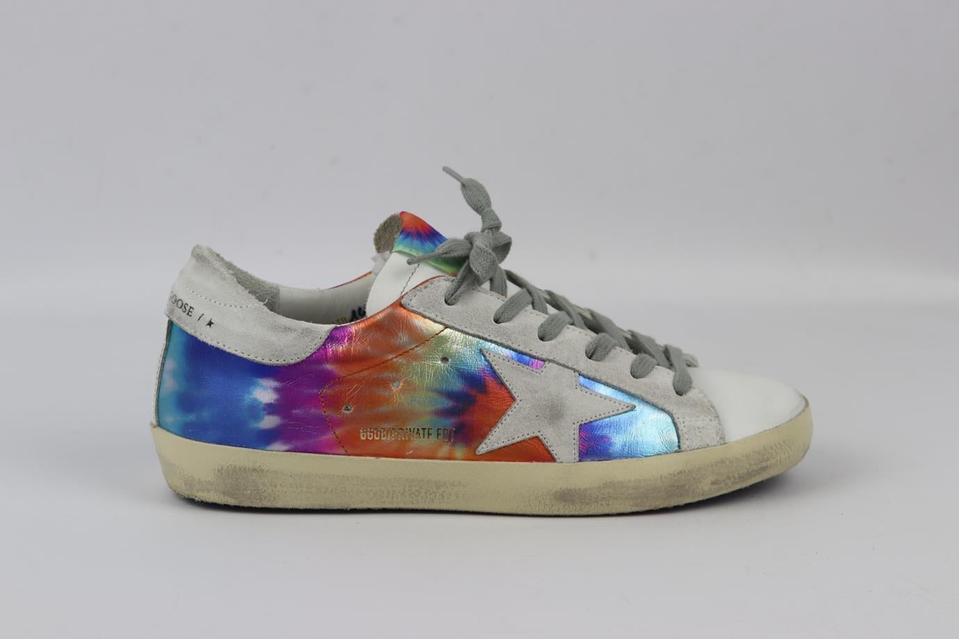 Golden Goose Deluxe Brand Superstar tie dyed leather sneakers. Multicoloured. Lace up fastening at front. Does not come with dustbag or box. Size: EU 38 (UK 5, US 8). Insole: 9.8 in. Heel Height: 1.7 in. New without box