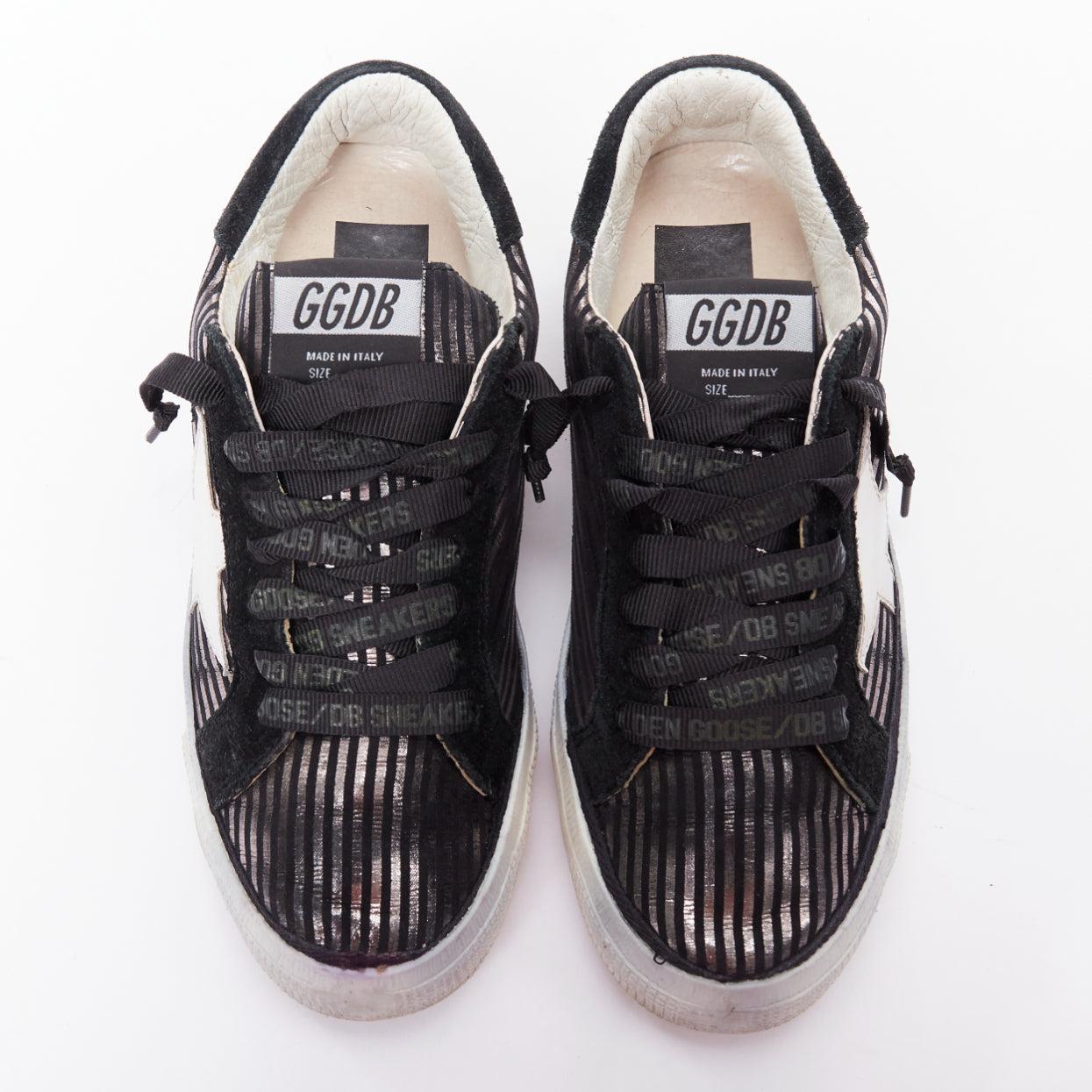 Gray GOLDEN GOOSE Fancy metallic silver black stripe distressed sneakers EU36 For Sale