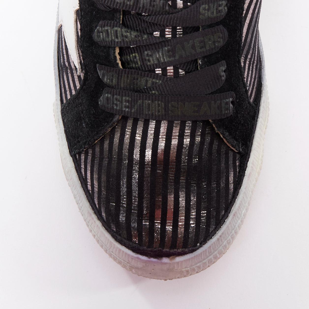 GOLDEN GOOSE Fancy metallic silver black stripe distressed sneakers EU36 For Sale 1