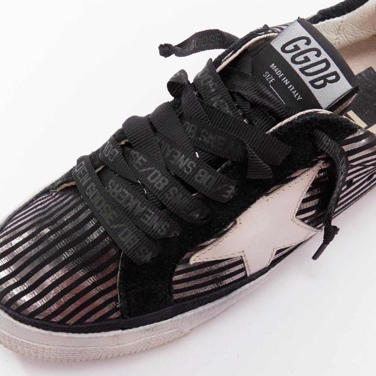 GOLDEN GOOSE Fancy metallic silver black stripe distressed sneakers EU36 For Sale 2