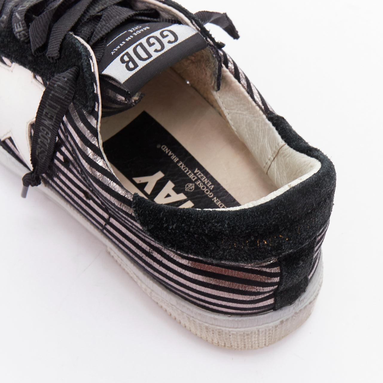 GOLDEN GOOSE Fancy metallic silver black stripe distressed sneakers EU36 For Sale 3