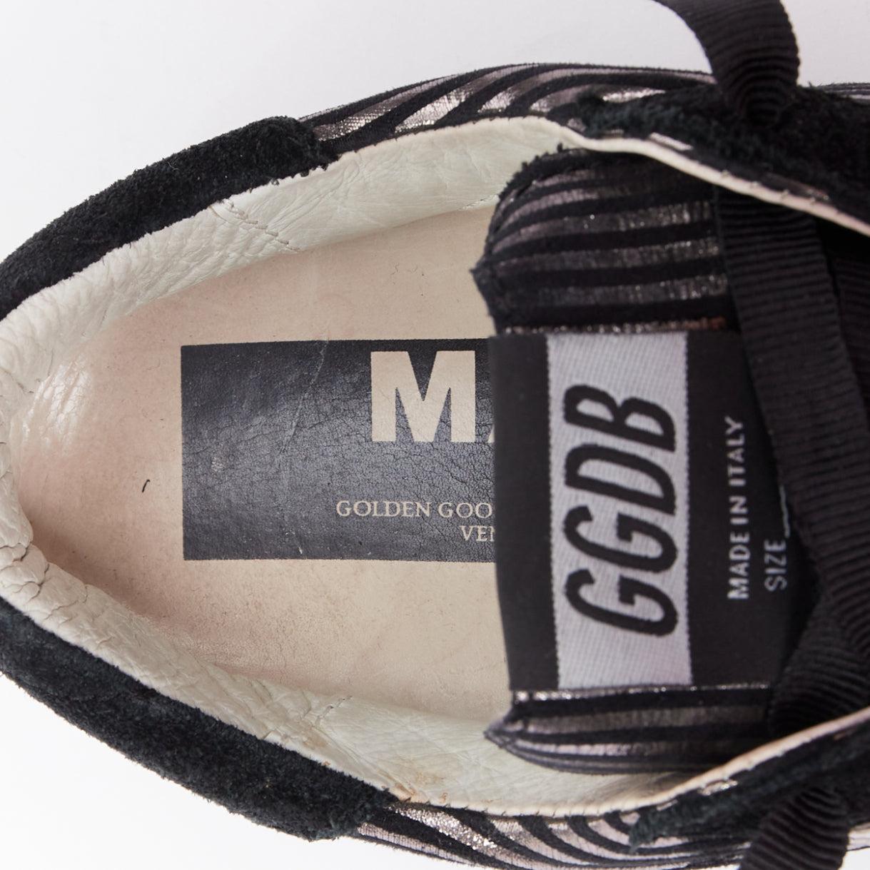 GOLDEN GOOSE Fancy metallic silver black stripe distressed sneakers EU36 For Sale 4