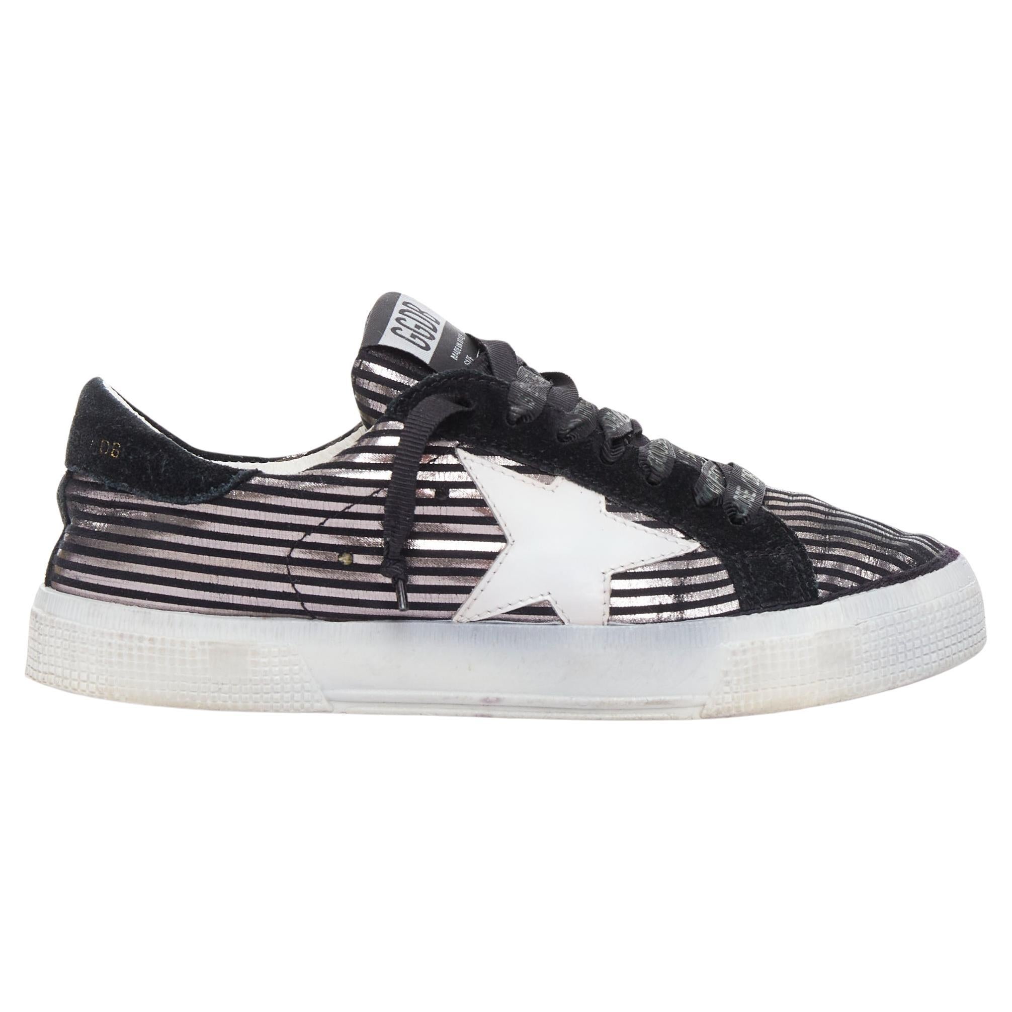 GOLDEN GOOSE Fancy metallic silver black stripe distressed sneakers EU36 For Sale
