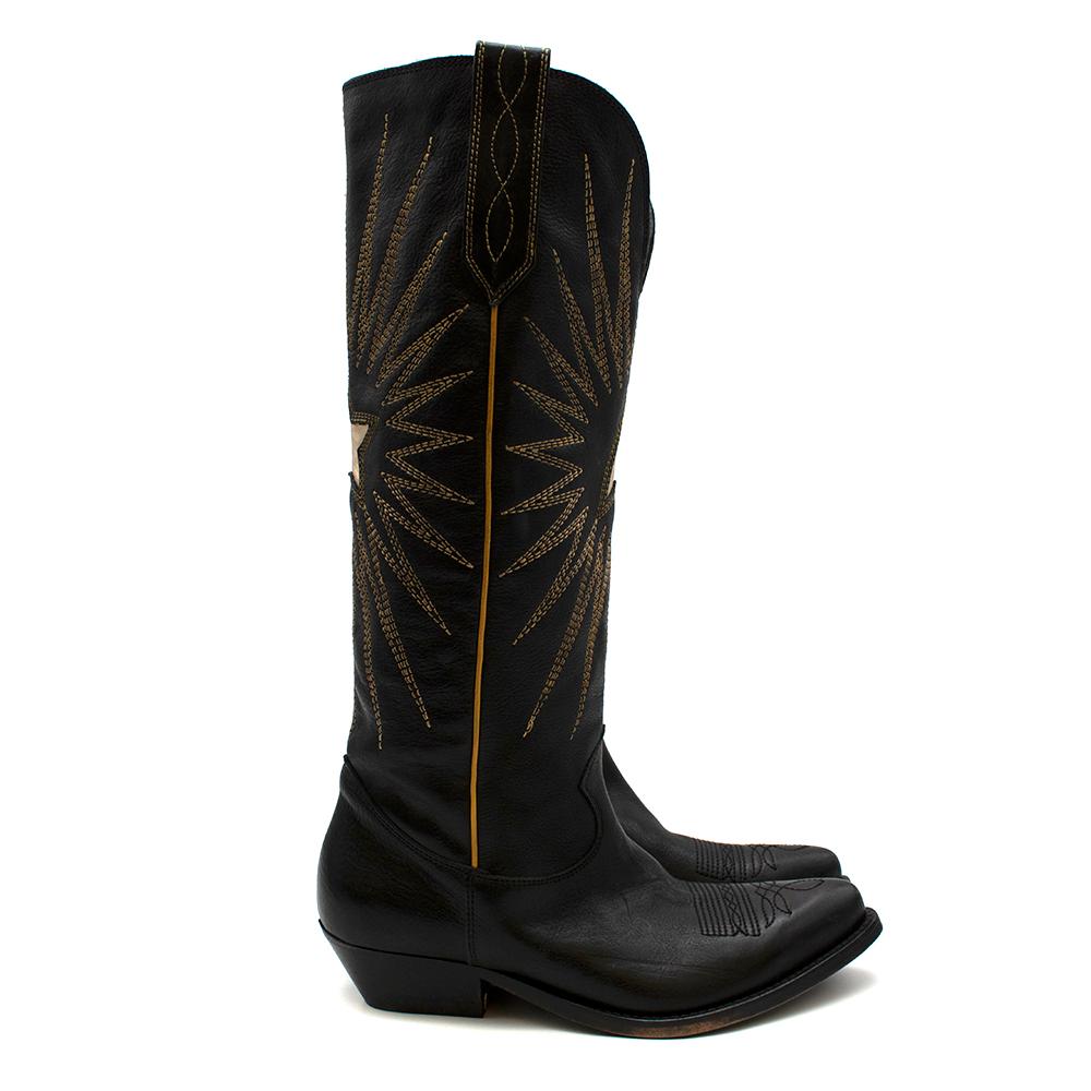 Golden Goose Handmade Wish Star Western Black Leather Boots 

-Classic western style design
-Yellow pipping to the sides 
-Golden star patchwork detail to the front and back 
-Golden star like top stitching details 
-Classic western black top