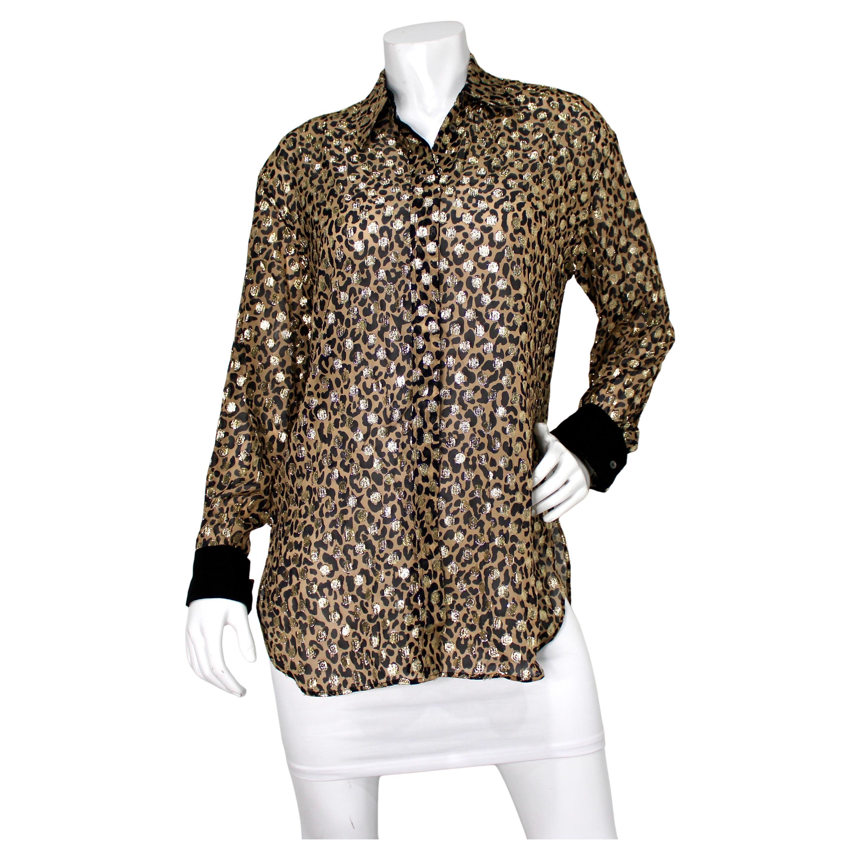 Golden Goose Leopard Print Lamé Langärmelige Bluse mit Knopfleiste