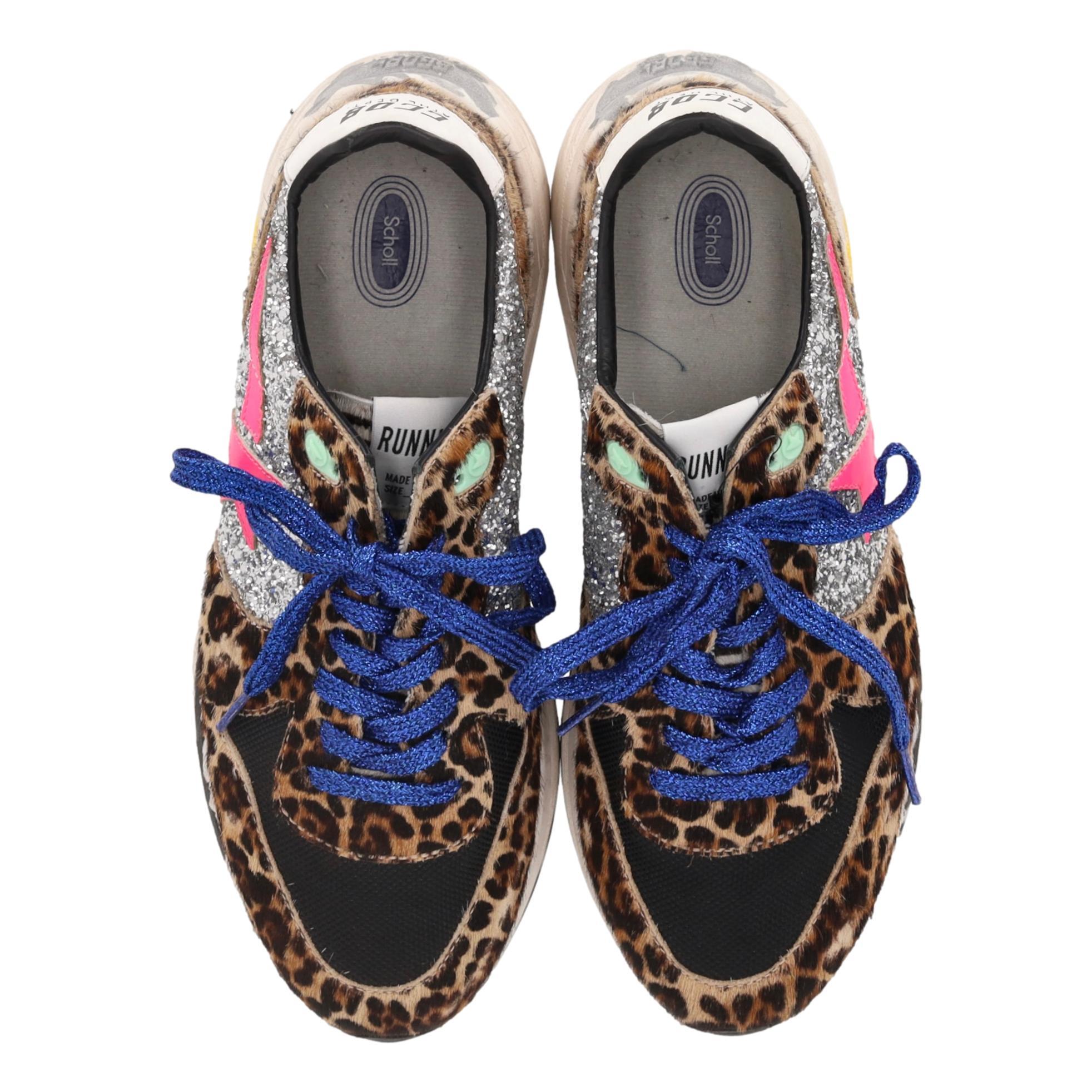 Beige Golden Goose - Baskets à semelles de course en poils de poney et paillettes imprimé léopard en vente